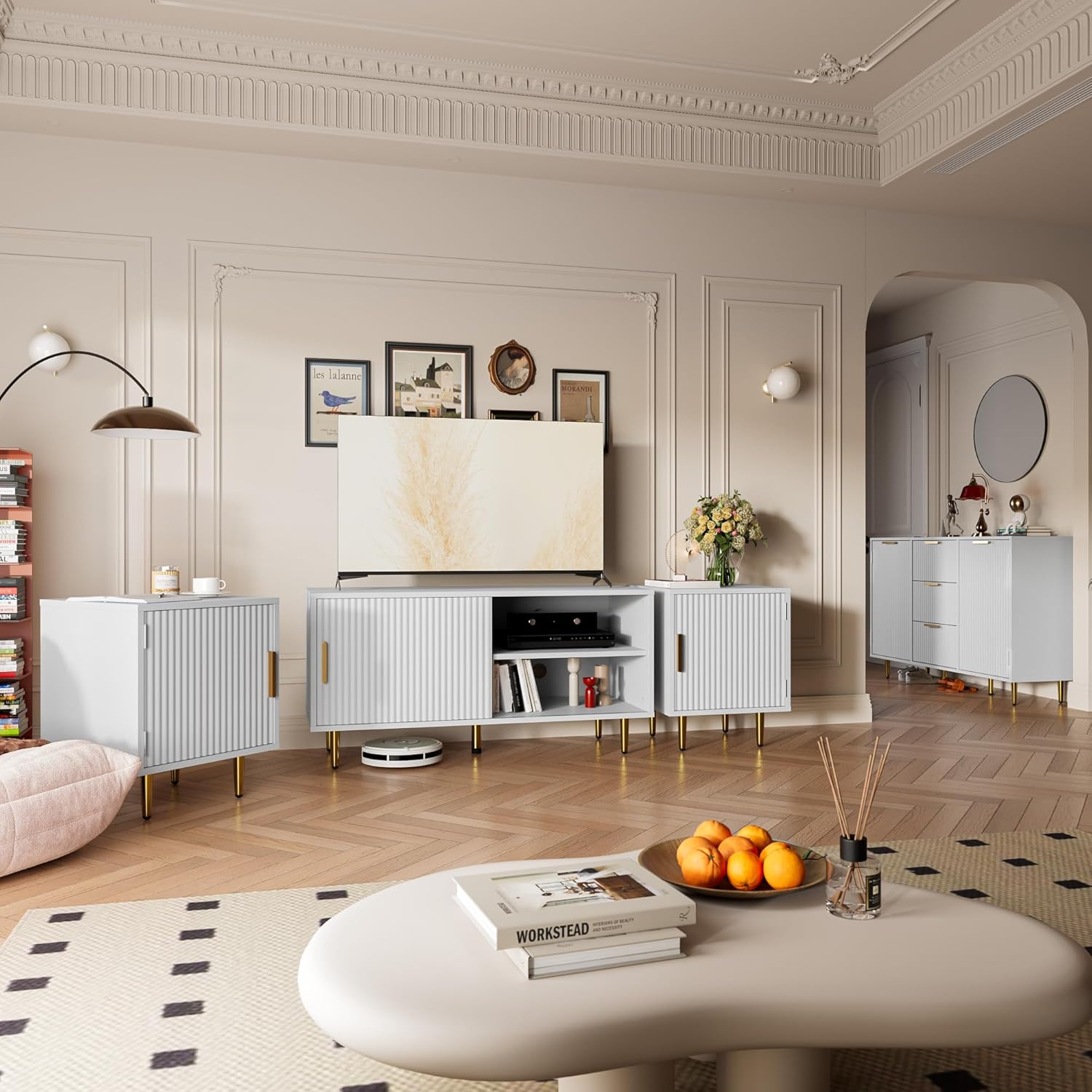 Cozy Castle Aparador de buffet de 47.2 pulgadas, gabinete de acento moderno con 3 cajones y 2 puertas, aparador de buffet de cocina con estantes