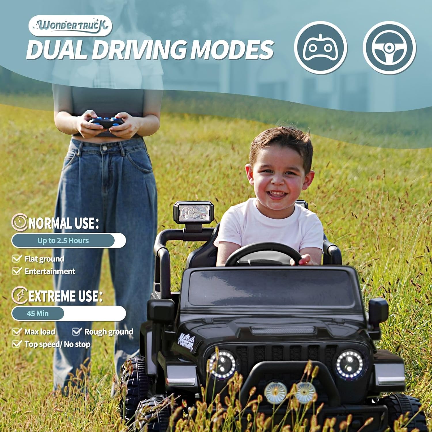 Joywhale Vehículo eléctrico motorizado para niños de 12 V, con control remoto, suspensión de 4 ruedas, luces LED, música y FM, cinturón de