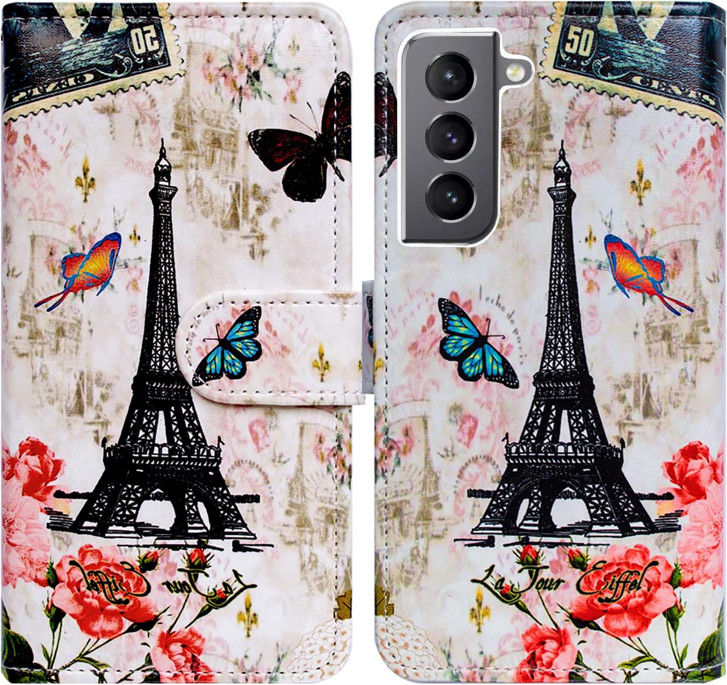 Bcov Funda para Galaxy S22, diseño de mariposa de la torre de París, funda de piel con tapa para teléfono con ranura para tarjetas, soporte para