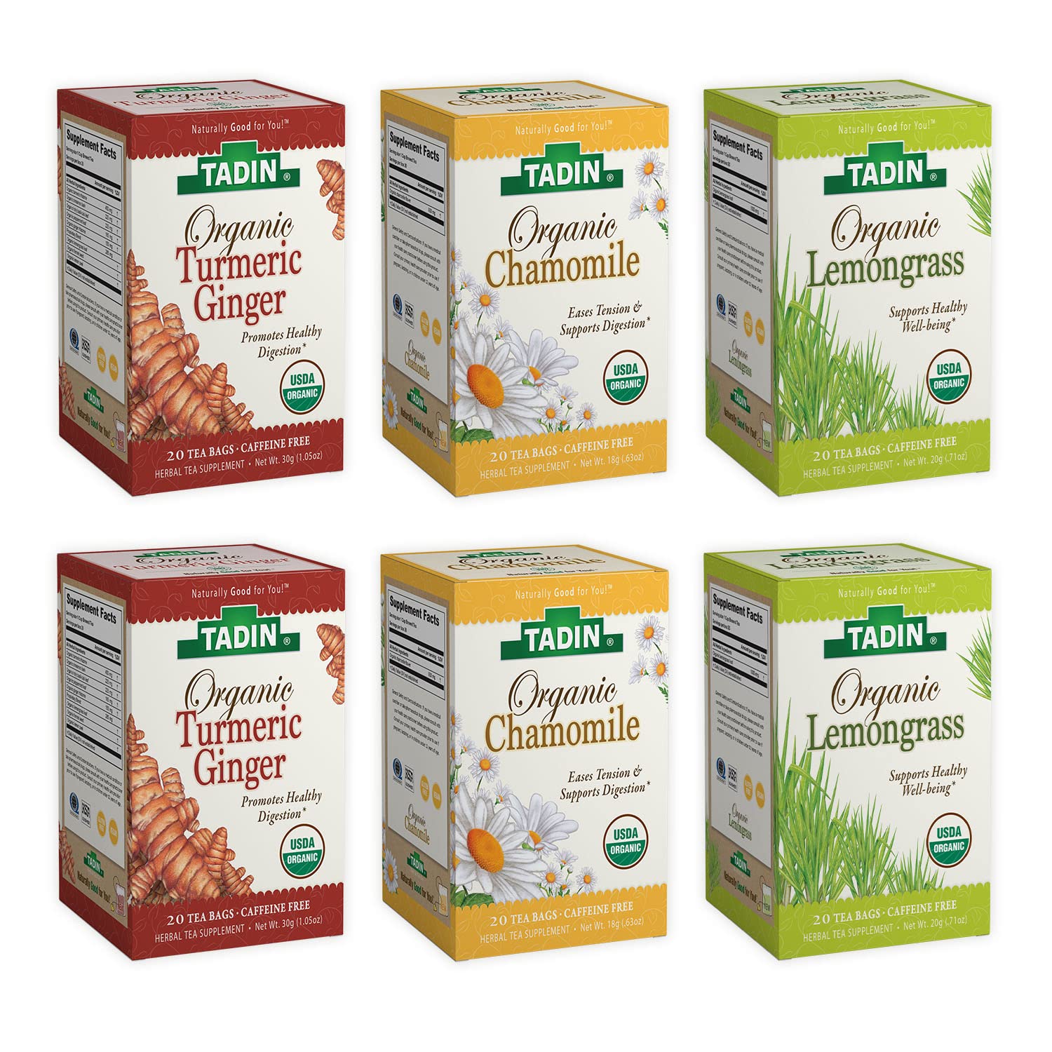 Tadin – Paquete variado de té de hierbas orgánicas, sin cafeína, 20 bolsas de té por caja, paquete de 6 cajas en total, marrón, 20 unidades (paquete