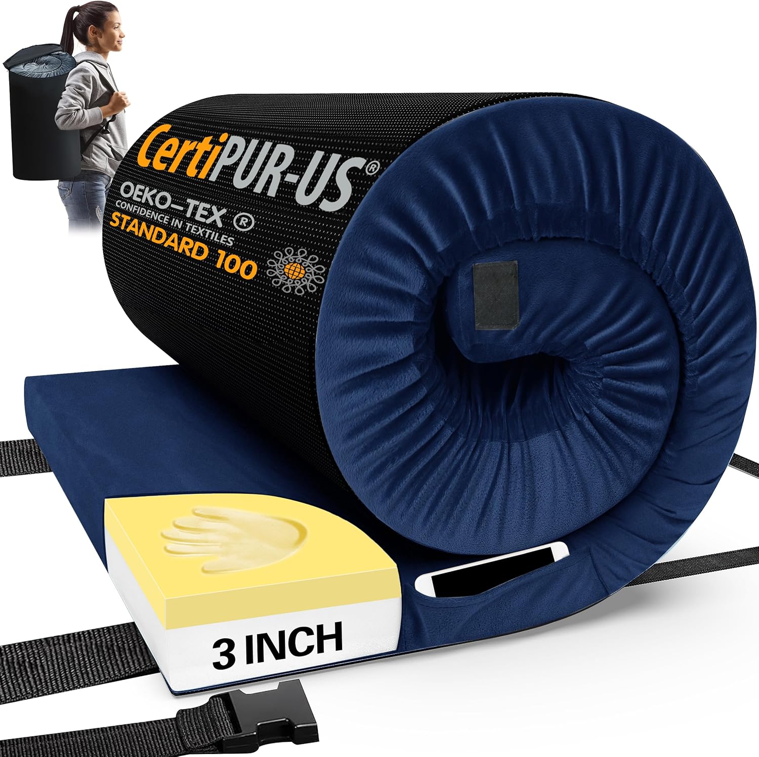 CYMULA Colchón de espuma viscoelástica para campamento, tapete de dormir CertiPUR-US portátil enrollable para adultos, almohadillas de cama de