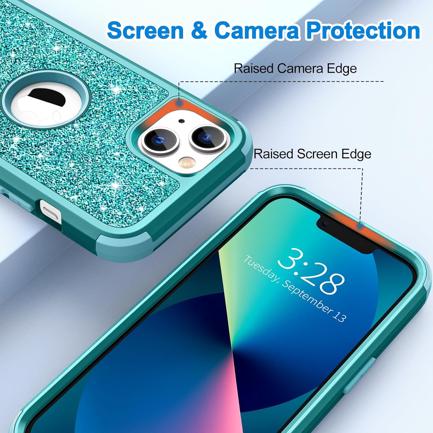 Hython Funda para iPhone 13 con purpurina, bonita funda brillante brillante, resistente 3 en 1, híbrida de policarbonato duro suave, TPU suave,