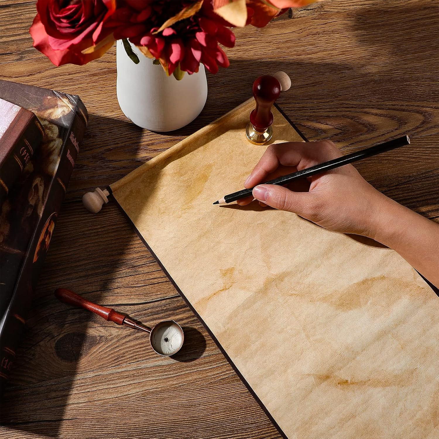 Paquete de 2 rollos de papel vintage en blanco envueltos en barra de madera, pergamino en blanco de larga edad para escribir, dibujar, caligrafía,