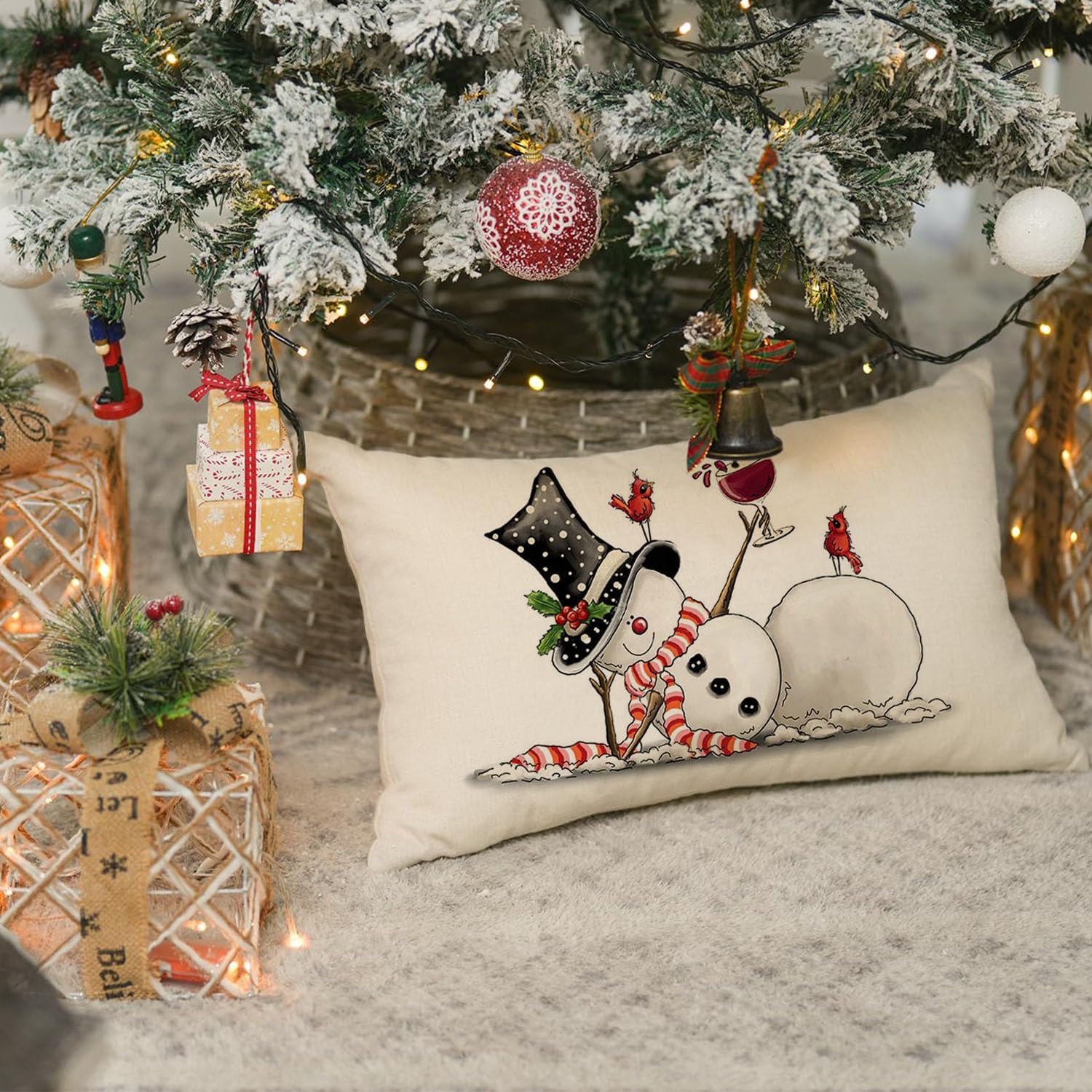 RABUSOFA Fundas de almohada de Navidad de 12 x 20 pulgadas, fundas de almohada de muñeco de nieve con letrero de alegría, fundas de cojín de