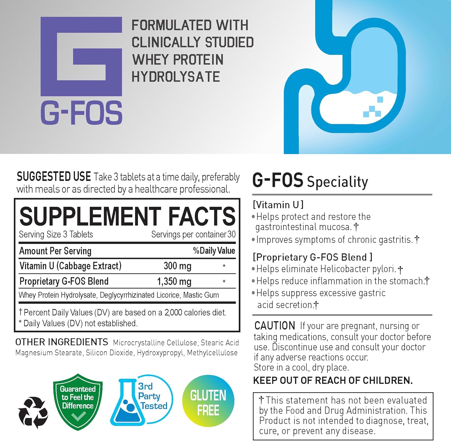 NANOWELL Suplemento de salud digestiva G-FOS, vitamina U, 90 tabletas x 2 botellas durante 2 meses (180 unidades)