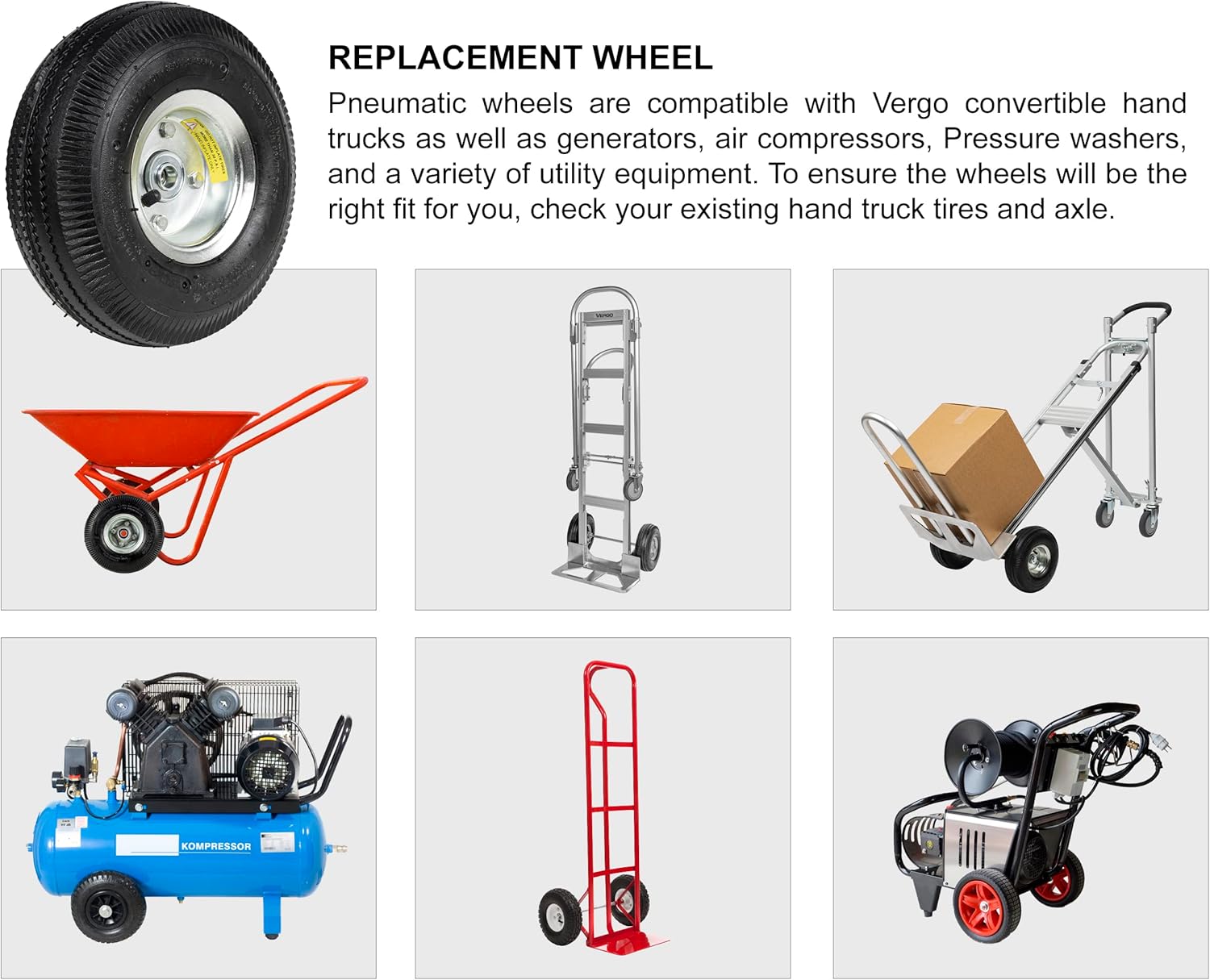 Vergo Pneumatic Wheels – Paquete de 2 ruedas de repuesto de ruedas llenas de aire resistentes, neumáticos roscados, ruedas de camión de mano de 10 x