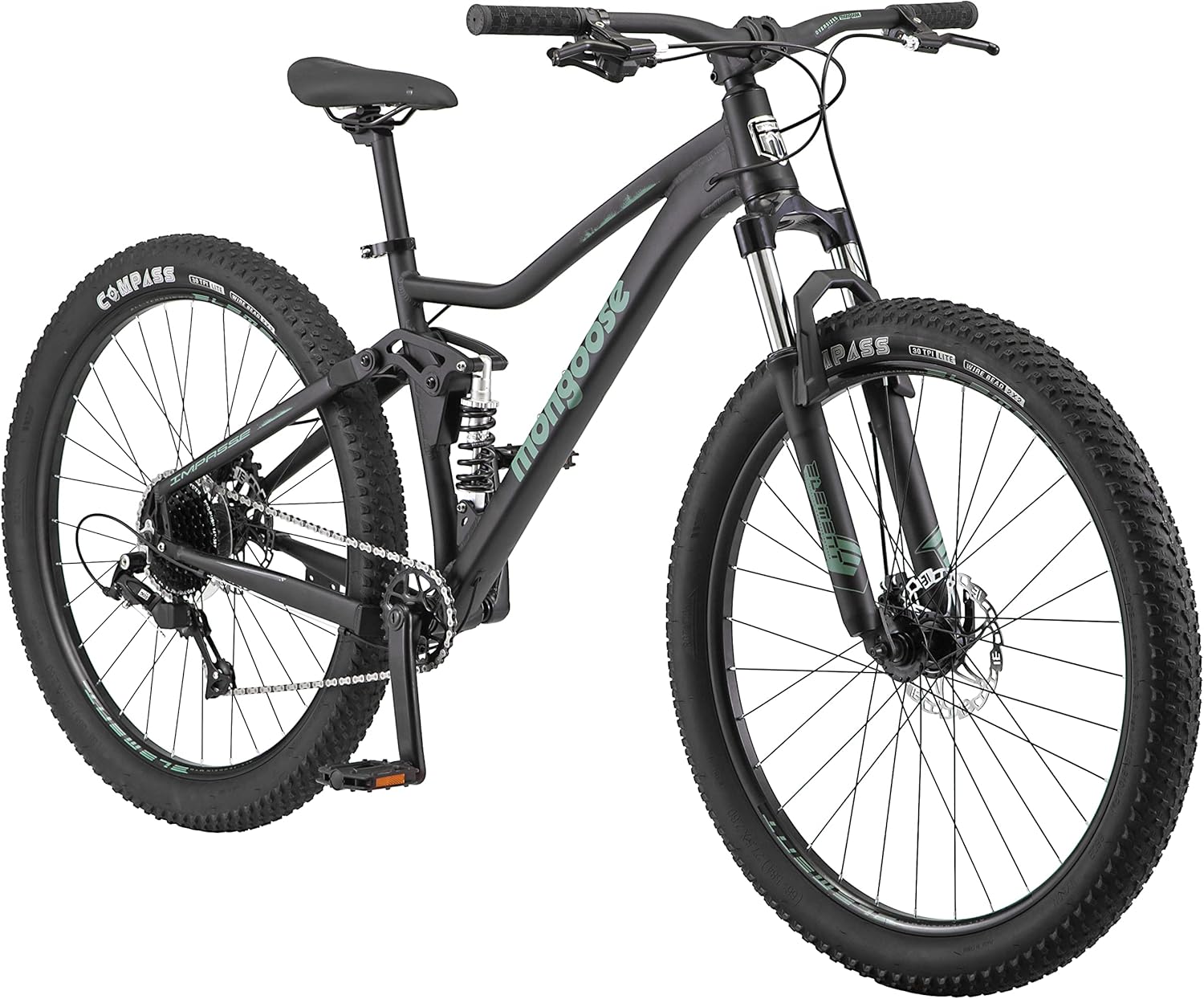 Mongoose Impasse – Bicicleta de montaña para adultos, hombres y mujeres, ruedas de 27.5 o 29 pulgadas, marco de aluminio, suspensión completa,