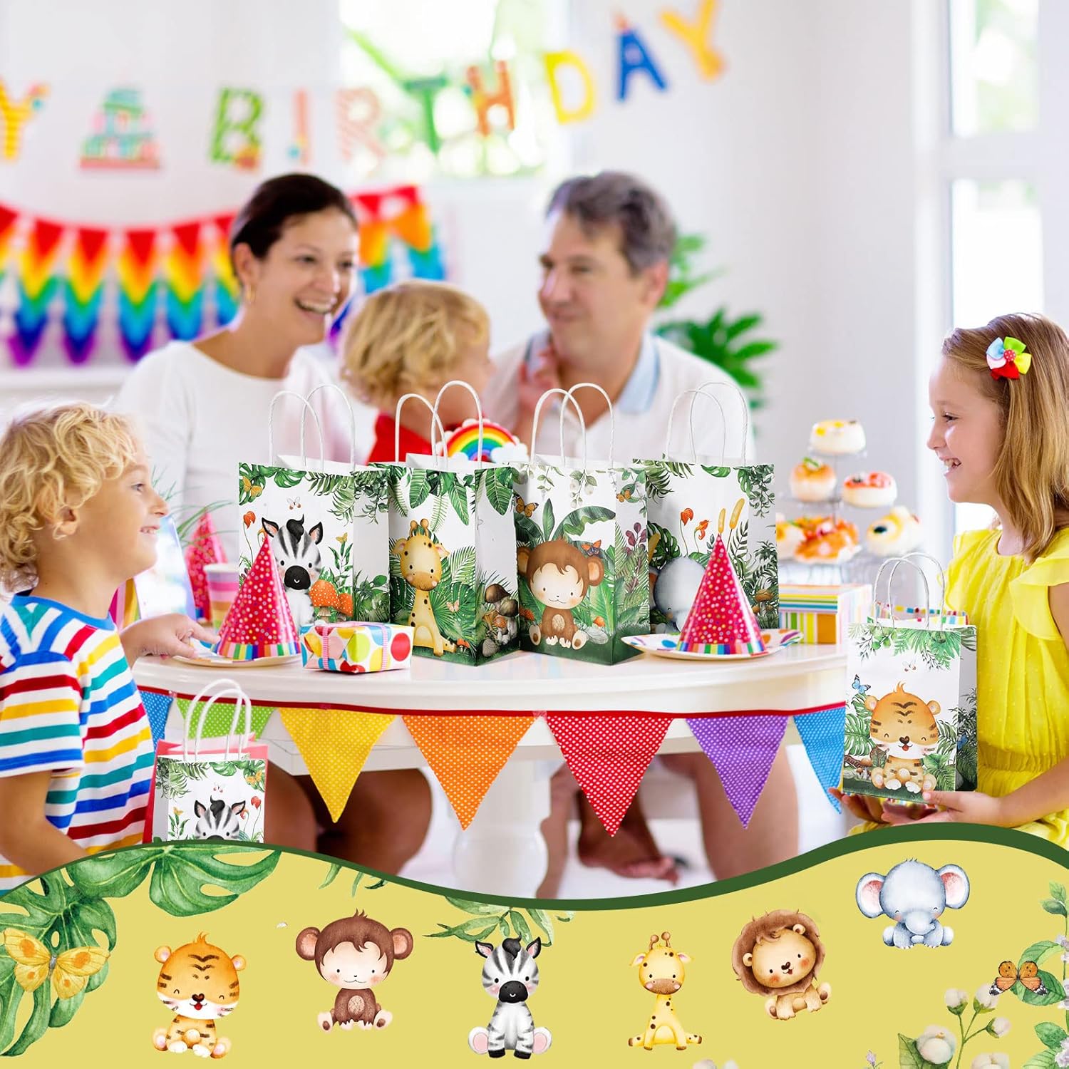 TaoBary Bolsas de regalo de animales con asas, león, tigre, elefante, mono, jirafa, bolsas de regalo para niños, fiesta temática de safari,