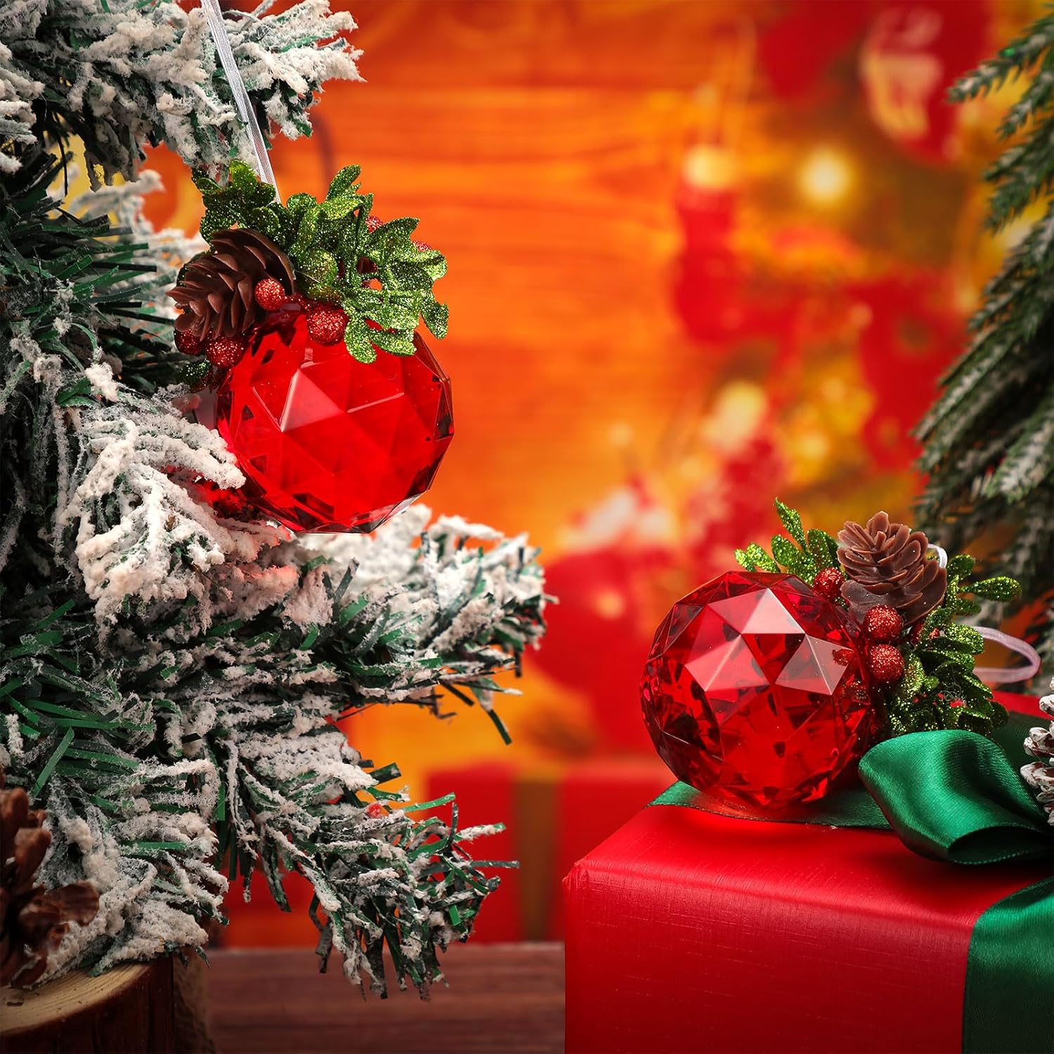 Yuxung 6 piezas de adornos de Navidad de cristal de muérdago de 3 pulgadas, joya roja, boda, Navidad, bola de besos de acrílico, adorno colgante de