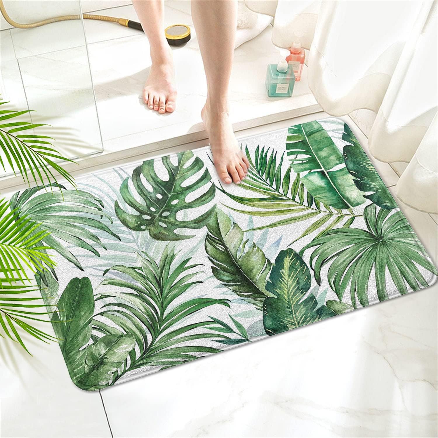 Green Leaf – Alfombra de baño de cachemira de imitación de plantas, de goma, antideslizante, absorbente, suave, para bañera, ducha y fregaderos (17