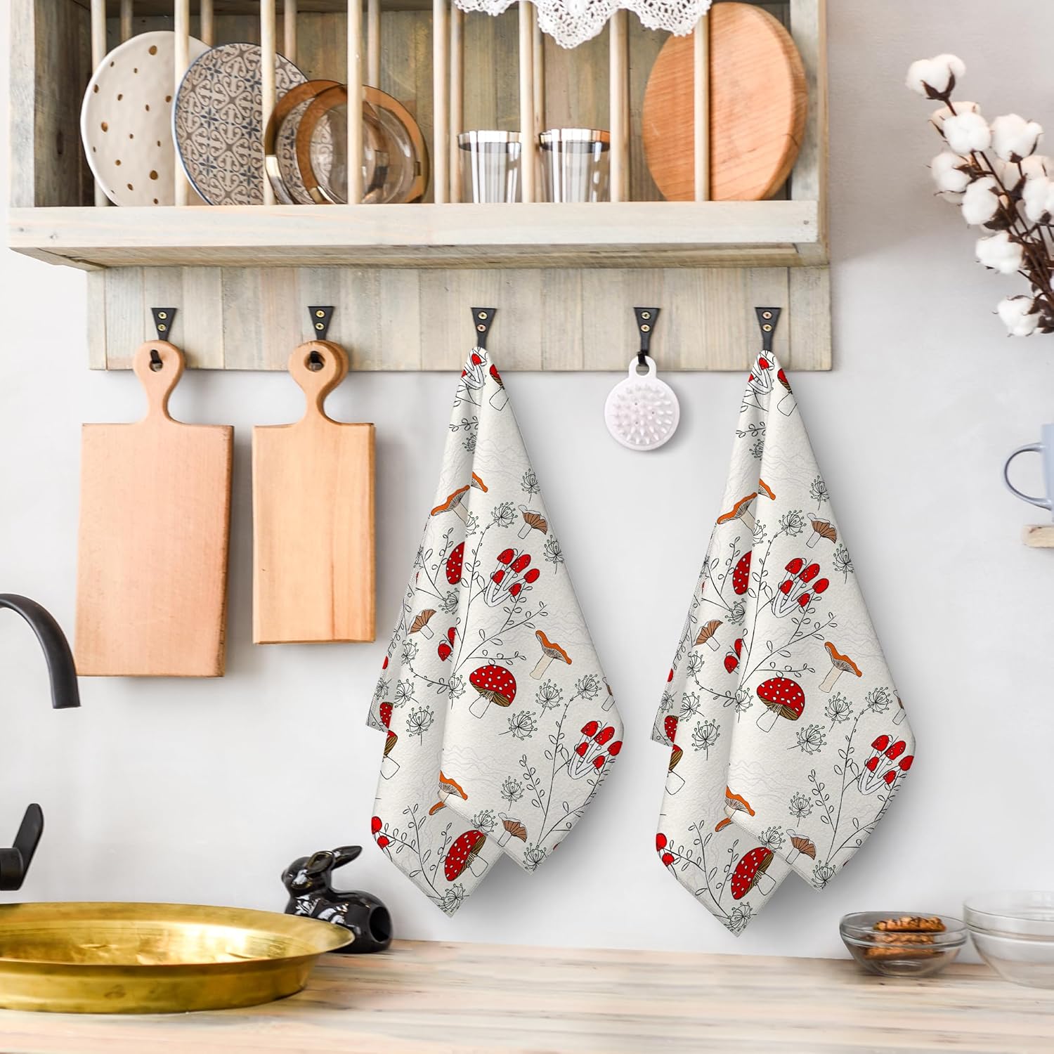 Juego de 2 toallas decorativas de cocina con forma de hongo, decoración de cocina de hongos, toallas de mano suaves y absorbentes, para secar la