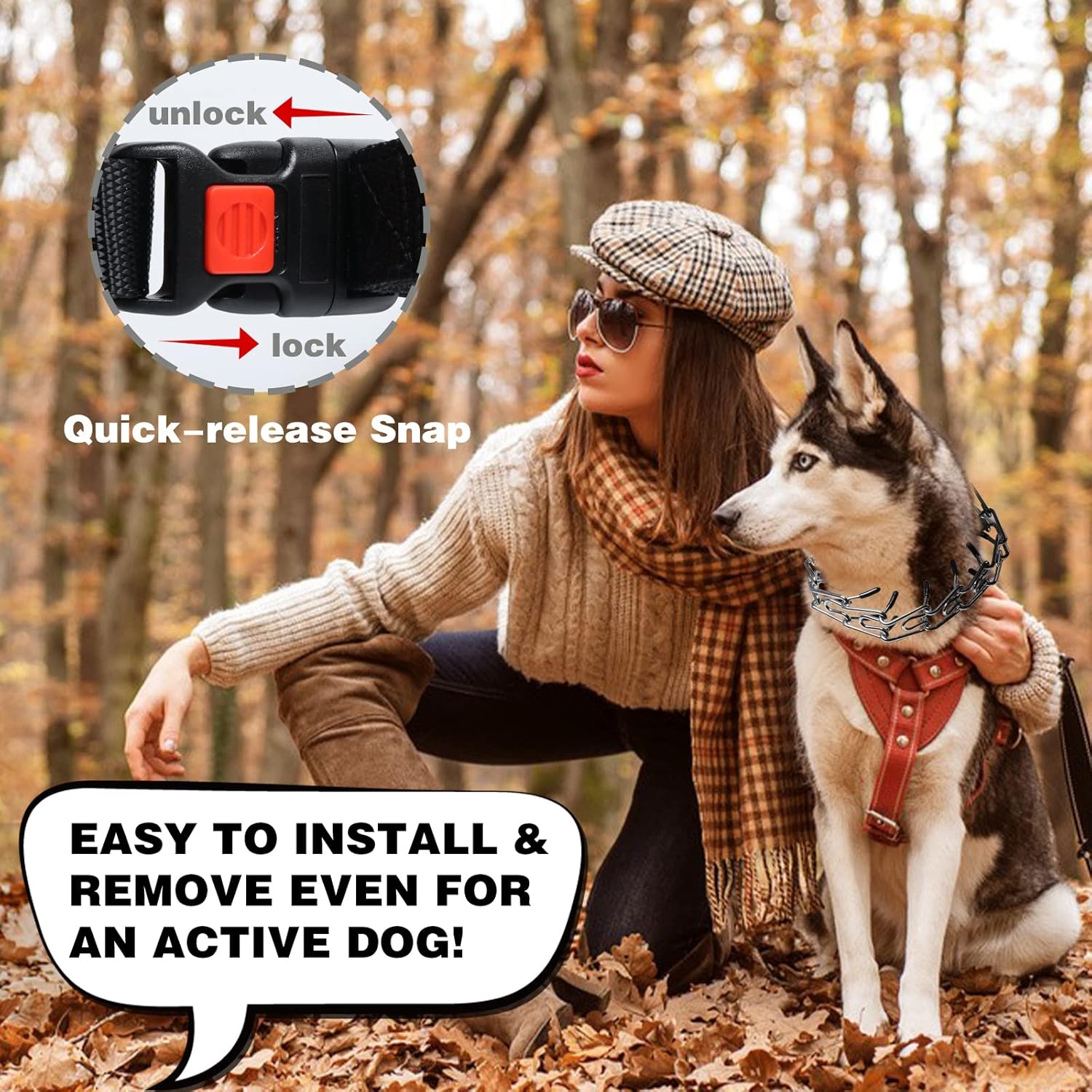 Collar de punta para perros, entrenamiento de caminar con hebilla de liberación rápida, collar ajustable con tapas de goma, no tirones, M (cuello 15