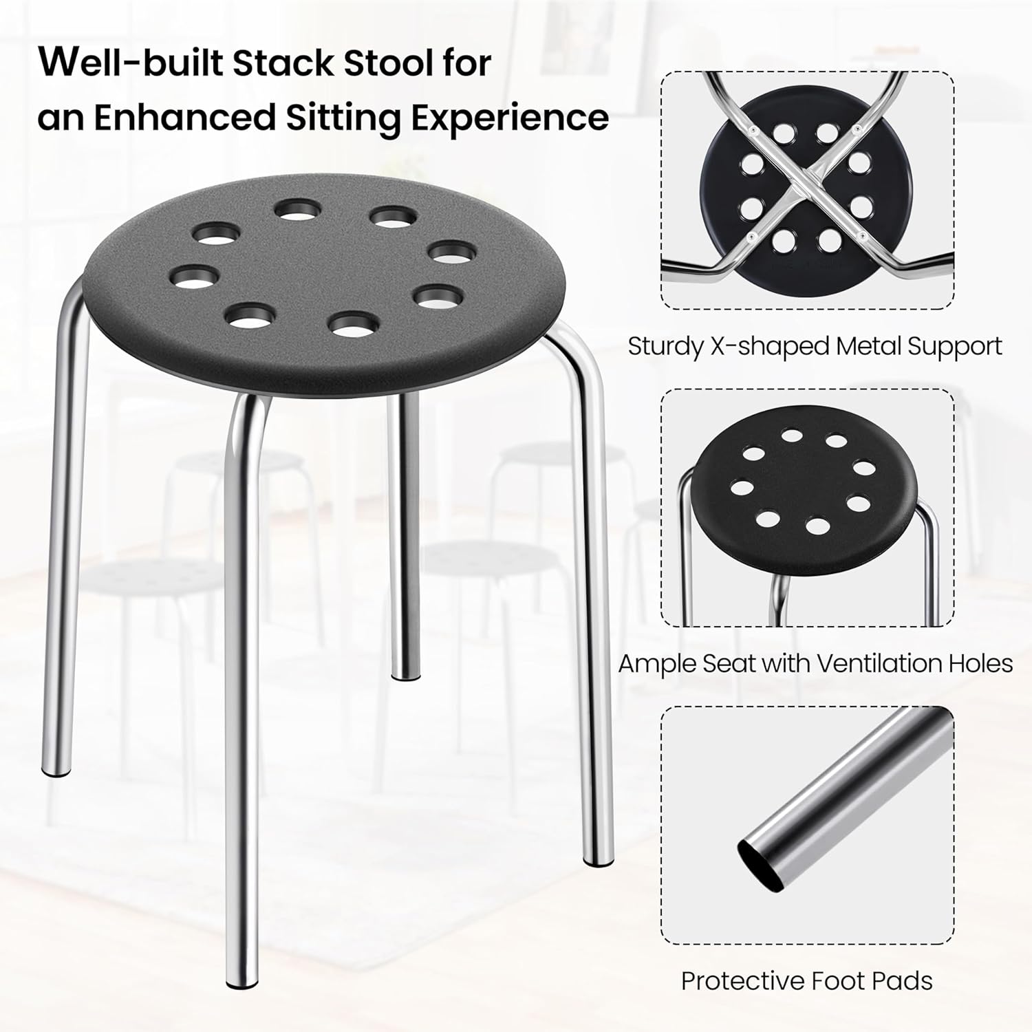 Yaheetech Taburetes apilables de plástico, sillas de taburete de aula, asientos flexibles de 17.3 pulgadas de altura, parte superior redonda