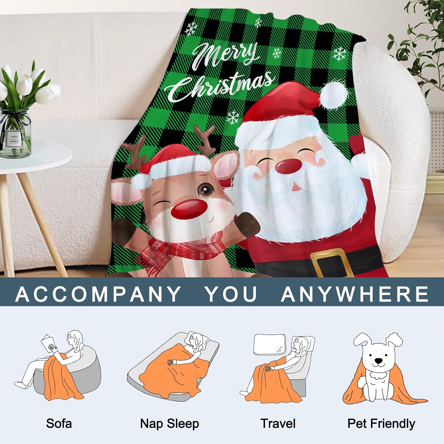 Neatee Living Manta de Navidad a cuadros verdes, manta de Navidad con reno de Papá Noel, manta de invierno para vacaciones, sofá, cama, decorativa,