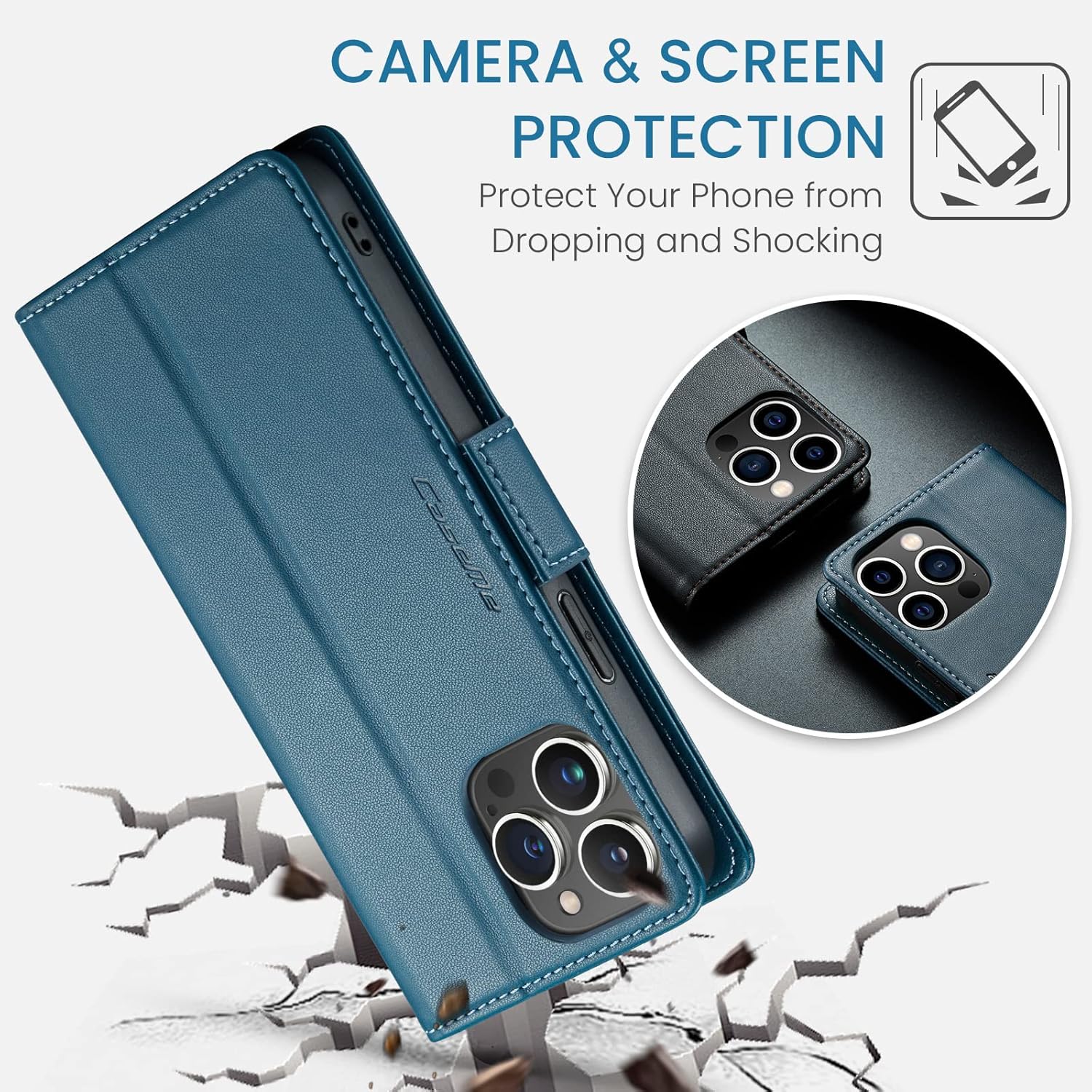 Funda para iPhone 15 Pro Max, bloqueo RFID Funda de piel sintética con tarjetero y soporte para tarjetas, funda a prueba de golpes para iPhone 15