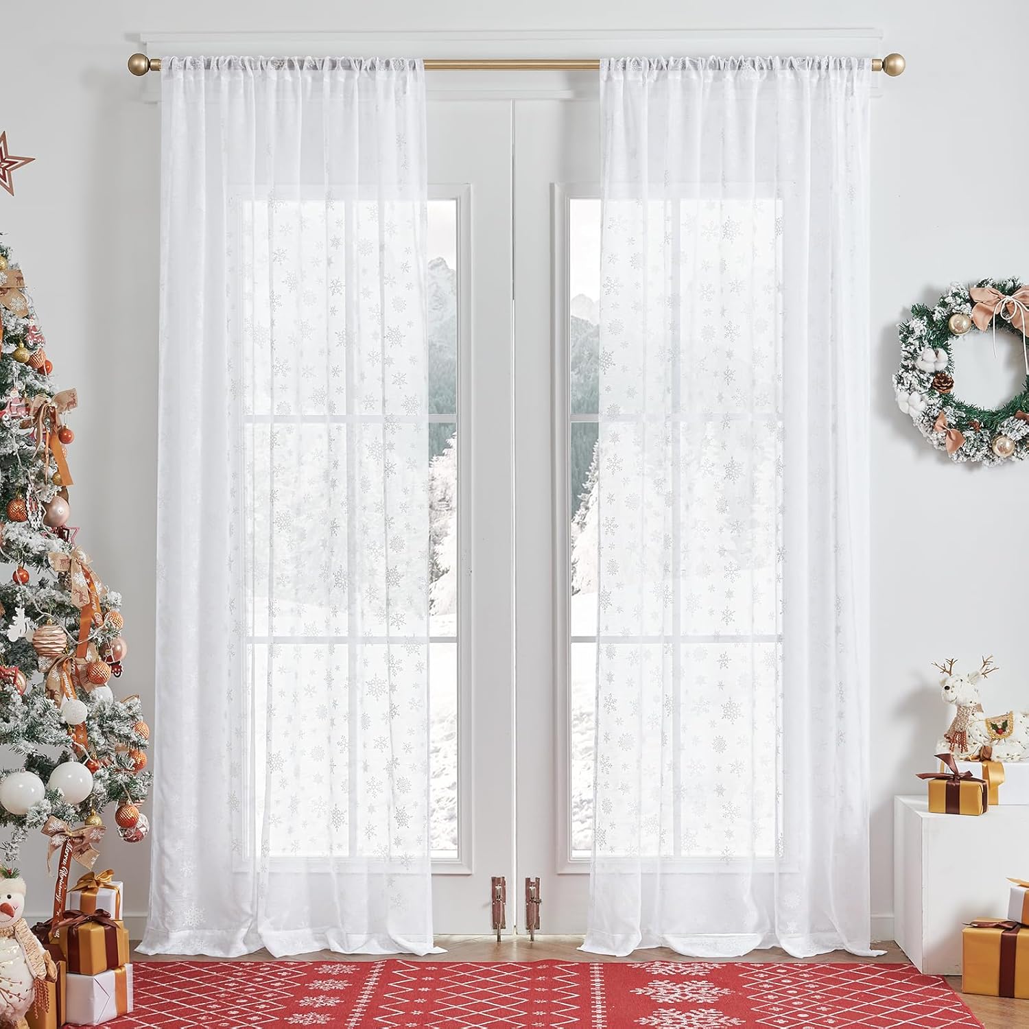 Vangao Cortinas traslúcidas blancas de Navidad para sala de estar, estampado de copos de nieve, 96 pulgadas de largo, para dormitorio, decoración de