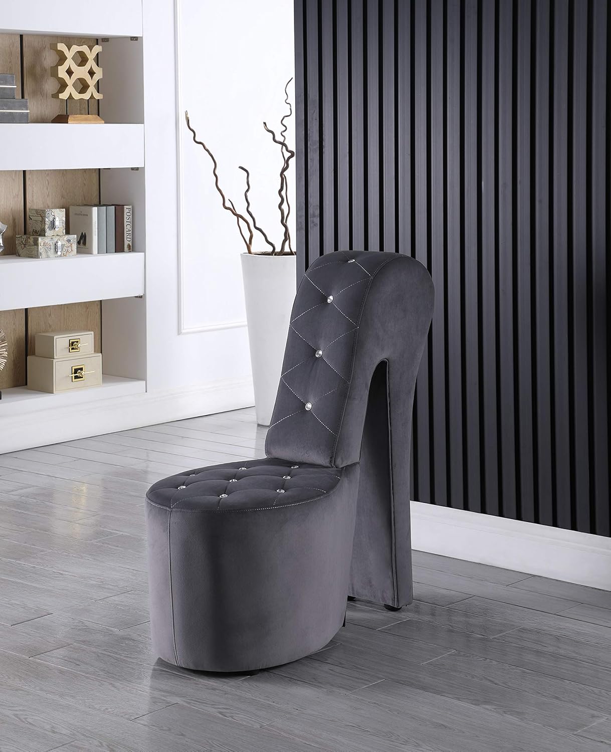 Best Master Furniture Silla de zapatos de terciopelo de tacón alto con tachuelas de cristal, gris