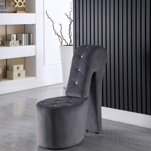 Best Master Furniture Silla de zapatos de terciopelo de tacón alto con tachuelas de cristal, gris Best Master Furniture Silla de zapatos de terciopelo de tacón alto con tachuelas de cristal, gris