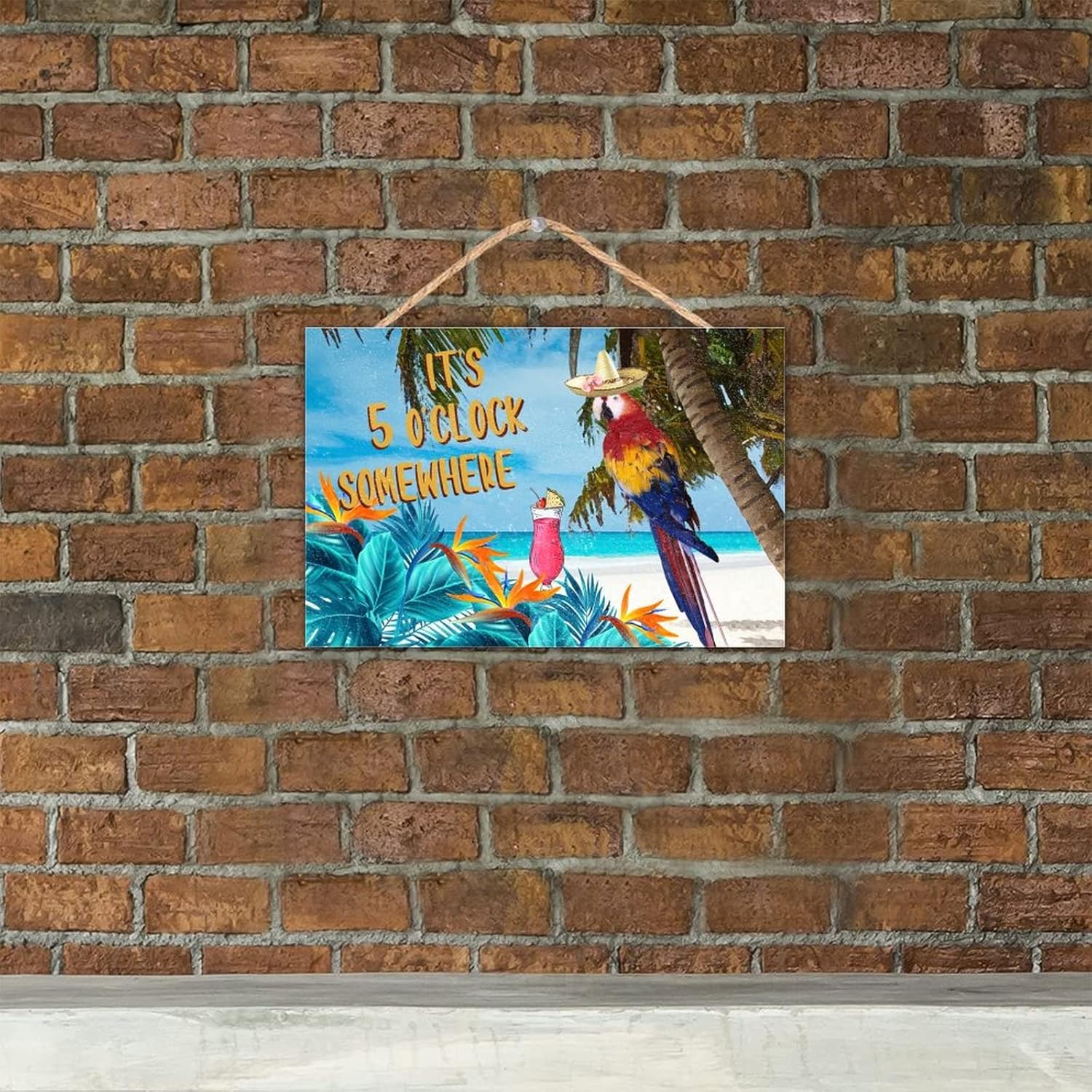 TEANFUN Letrero de verano con texto en inglés “It’s Five O’clock Somewhere”, letrero de loro de verano para interiores y exteriores, de madera, para