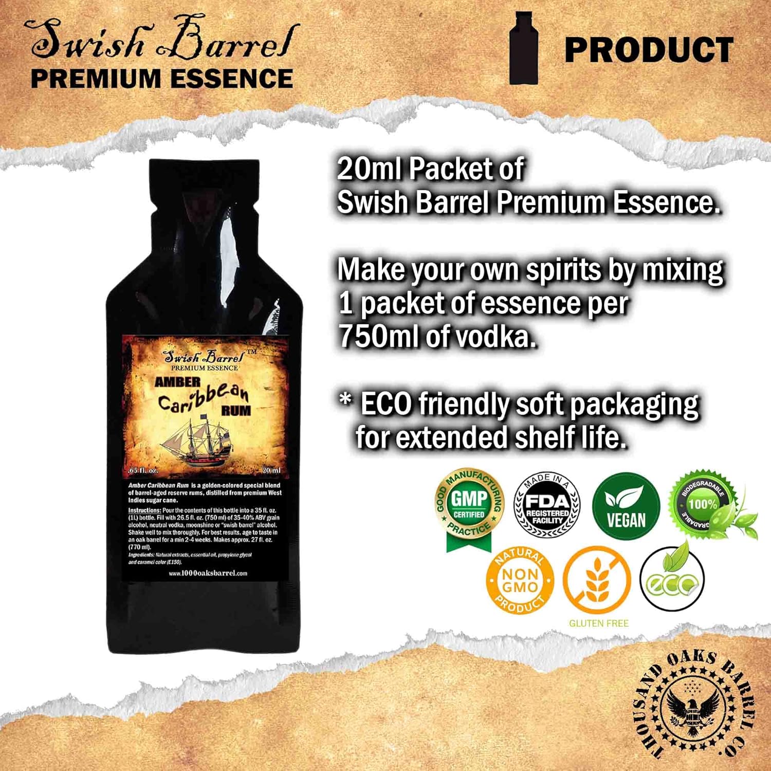 Amber Caribbean Rum Essence  Recambios de kit Bootleg  Thousand Oaks Barrel Co.  Sabor gourmet para cocteles añejados en barril  0.7fl oz (1)