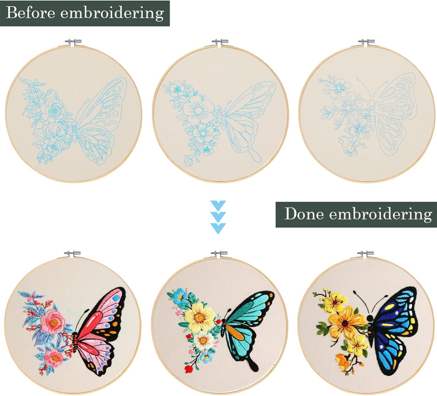 Santune Kit de bordado para principiantes y adultos, kit de punto de cruz para principiantes, bordado a mano con patrones de mariposas e