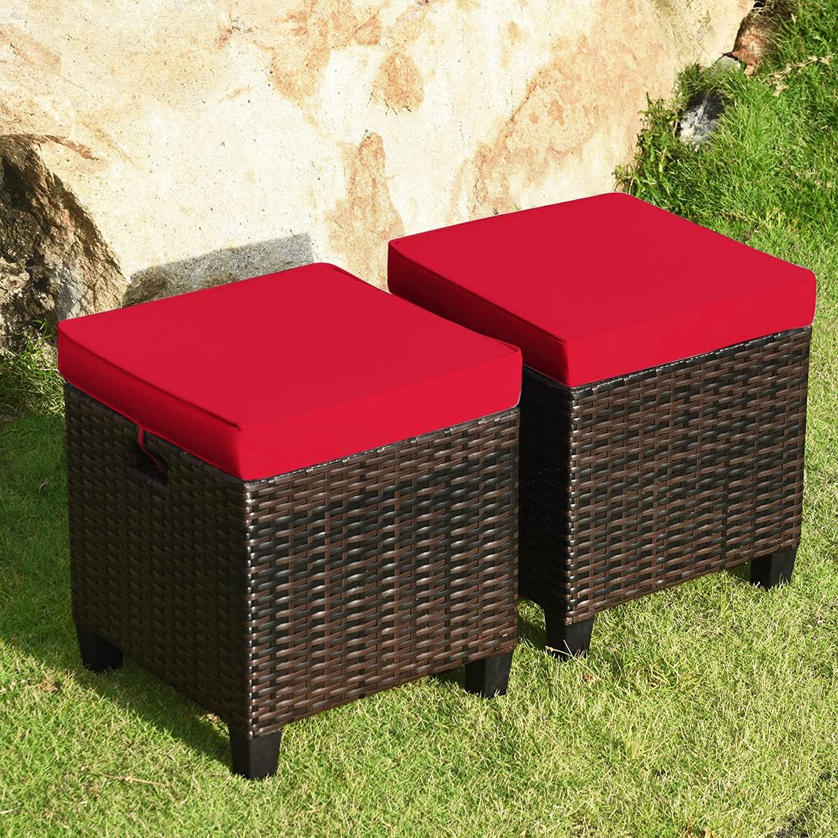HAPPYGRILL Juego de 2 piezas otomanas de mimbre de ratán para exteriores, con cojines extraíbles, muebles de patio, reposapiés, asiento para
