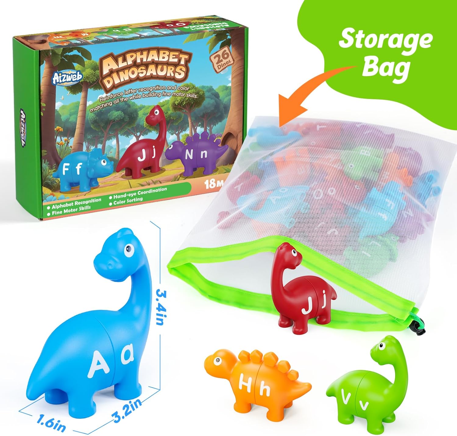 Aizweb Juguetes de aprendizaje del alfabeto, juego de letras a juego de clasificación de colores de dinosaurios para niños pequeños, actividades de
