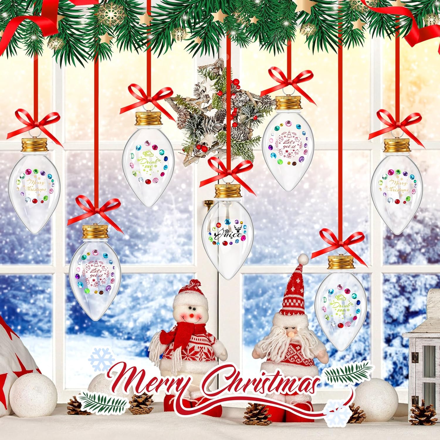 Suttmin 24 bolas de alcohol de Navidad, bolas de plástico transparente para adornos, adorno colgante para árbol con calcomanías de diamantes de