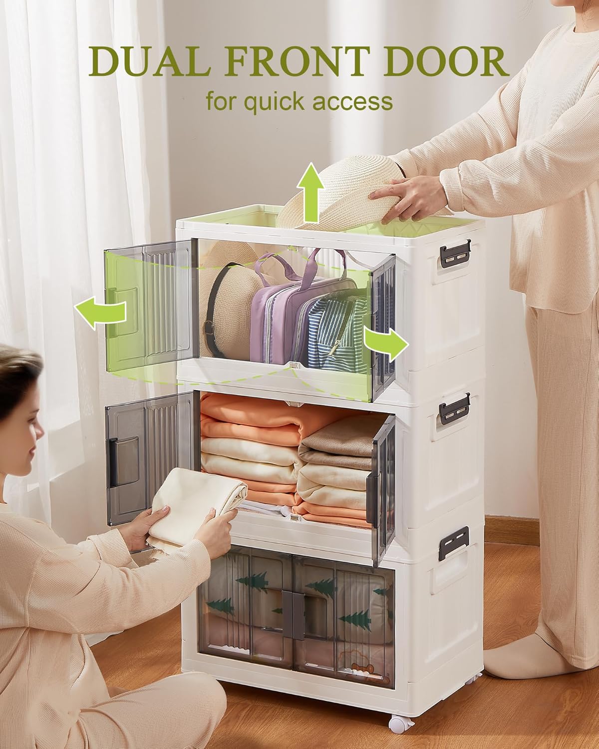 OlarHike Contenedores de almacenamiento de 34 cuartos de galón con tapas, caja de almacenamiento plegable con puertas y ruedas, contenedores de