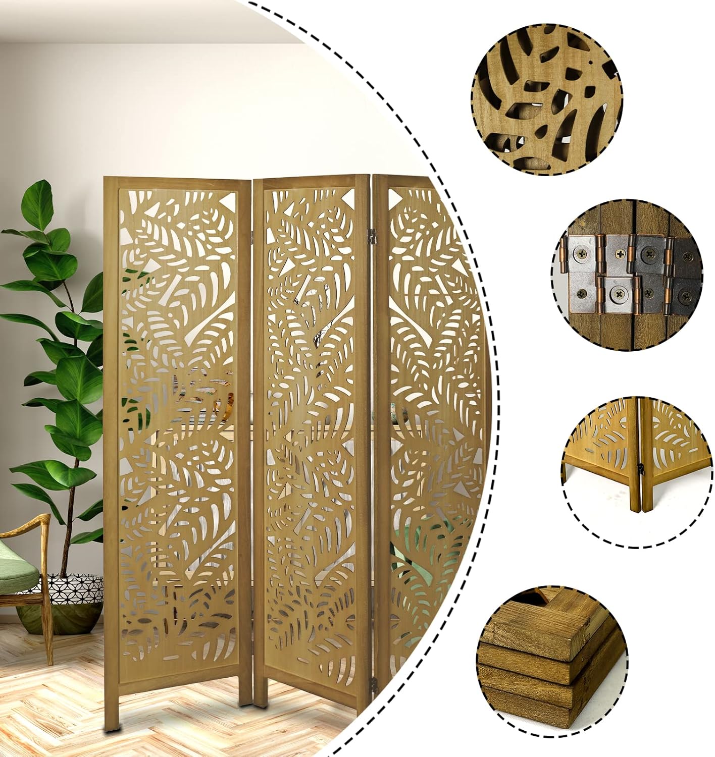 Divisor de habitación de 4 paneles, separadores de habitación de madera recortada y pantallas de privacidad plegables, separación de habitación