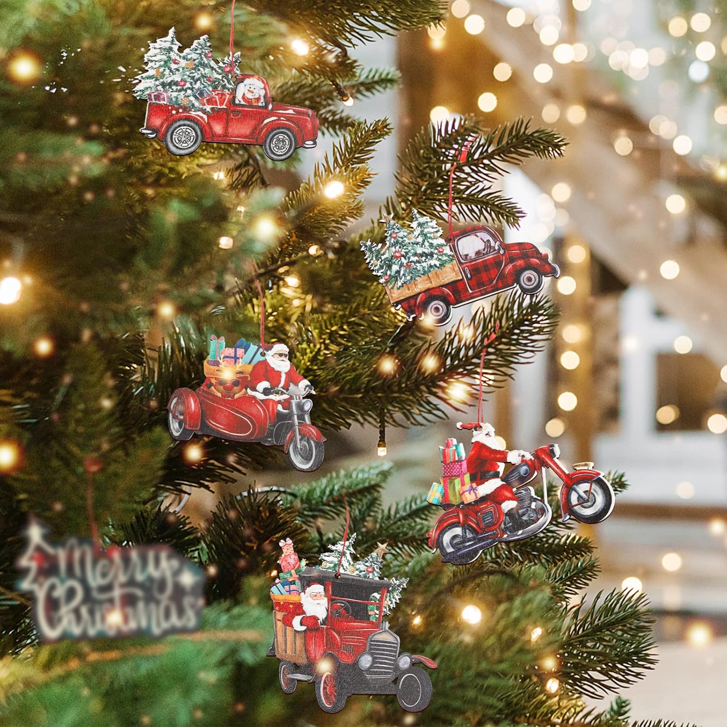 24 adornos navideños de madera, camión rojo de madera, árbol de Navidad, manualidades colgantes para casa de campo, decoración de fiestas,