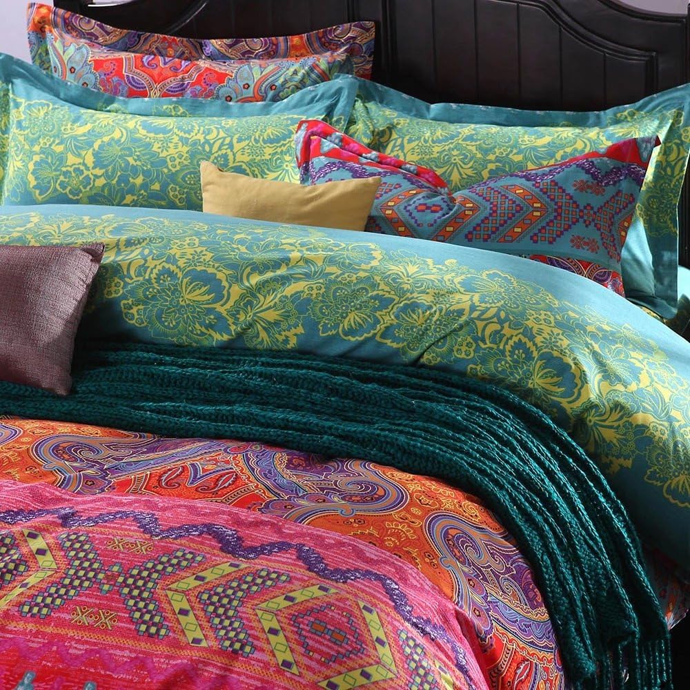Newrara Textiles para el hogar, juego de cama bohemio, estilo bohemio, juego de ropa de cama bohemio, juego de ropa de cama de pavo real, juego de