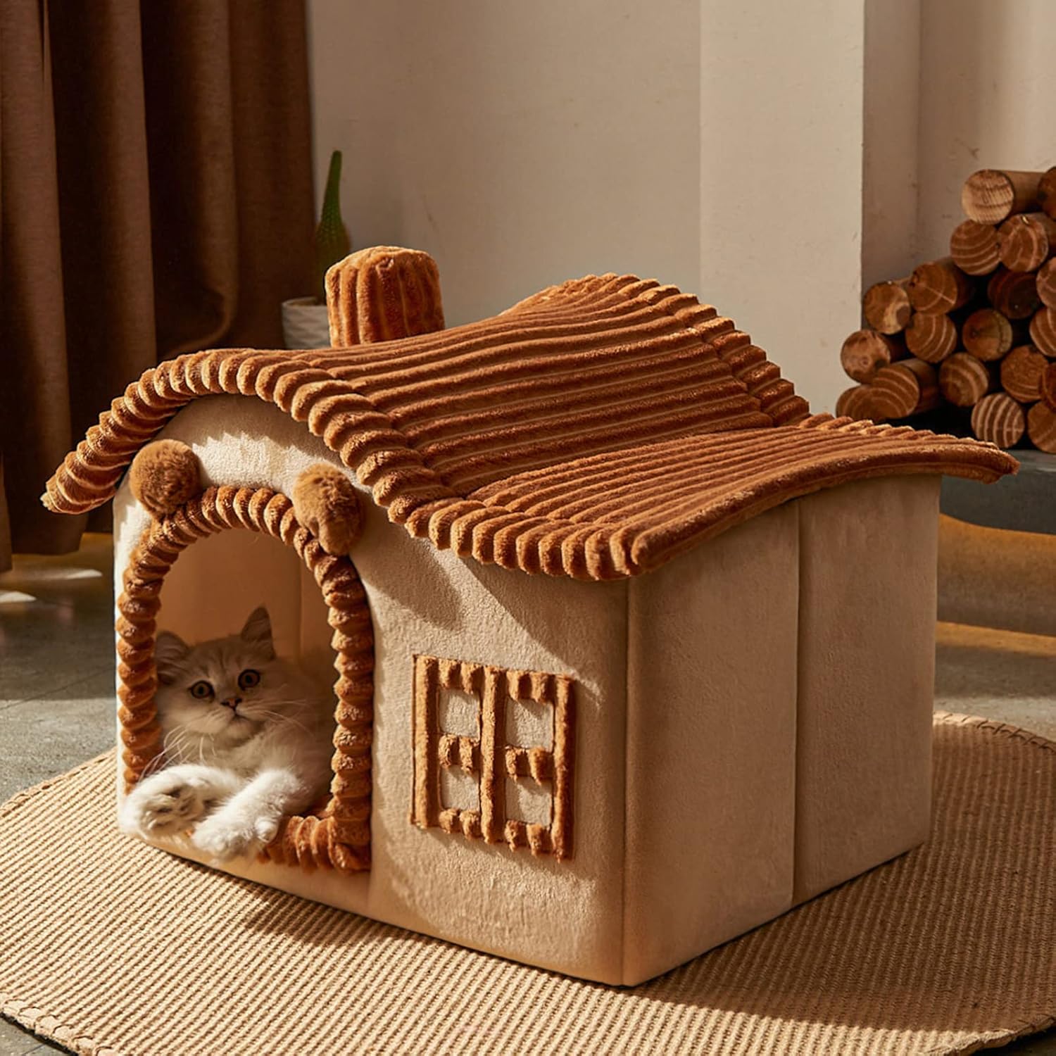 Jiupety Casa de gato para gato, chimenea para gatos de interior, suficiente espacio interior, casa de gatito para gatos de 3 a 7 libras, casa de