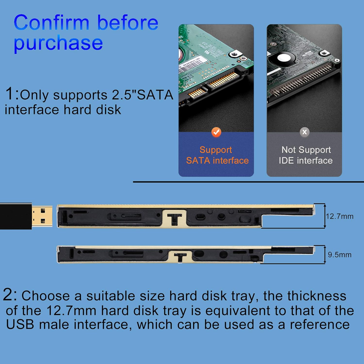 Bandeja de disco duro SATA de 2 unidad de disco duro SSD, bandeja universal de 0.374 in y 2,5 pulgadas para disco duro SATA-III y disco duro SSD,