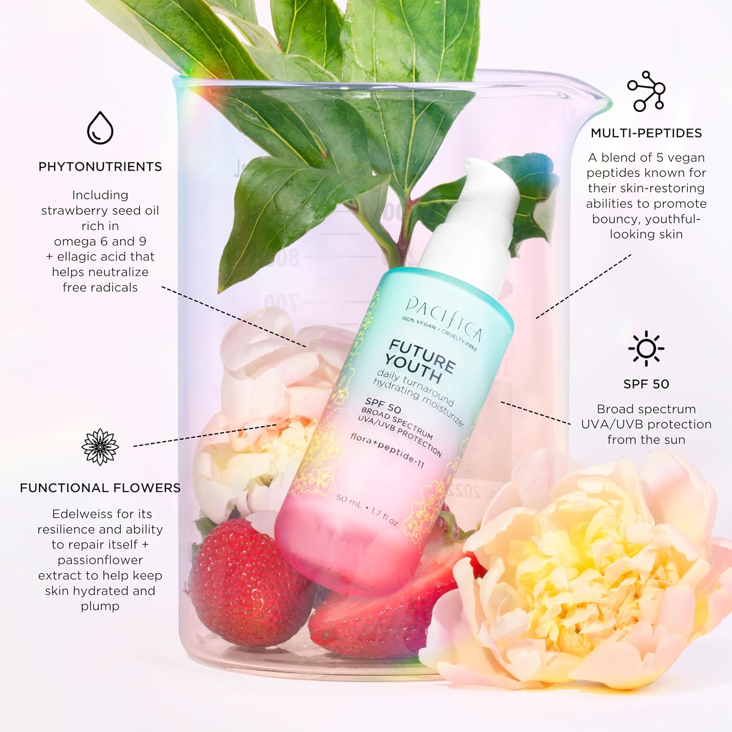 Pacifica Beauty, Future Youth Daily Turnaround Hidratante Hidratante SPF 50, Protector Solar Facial Ligero, Absorción Rápida, Combate los Signos del