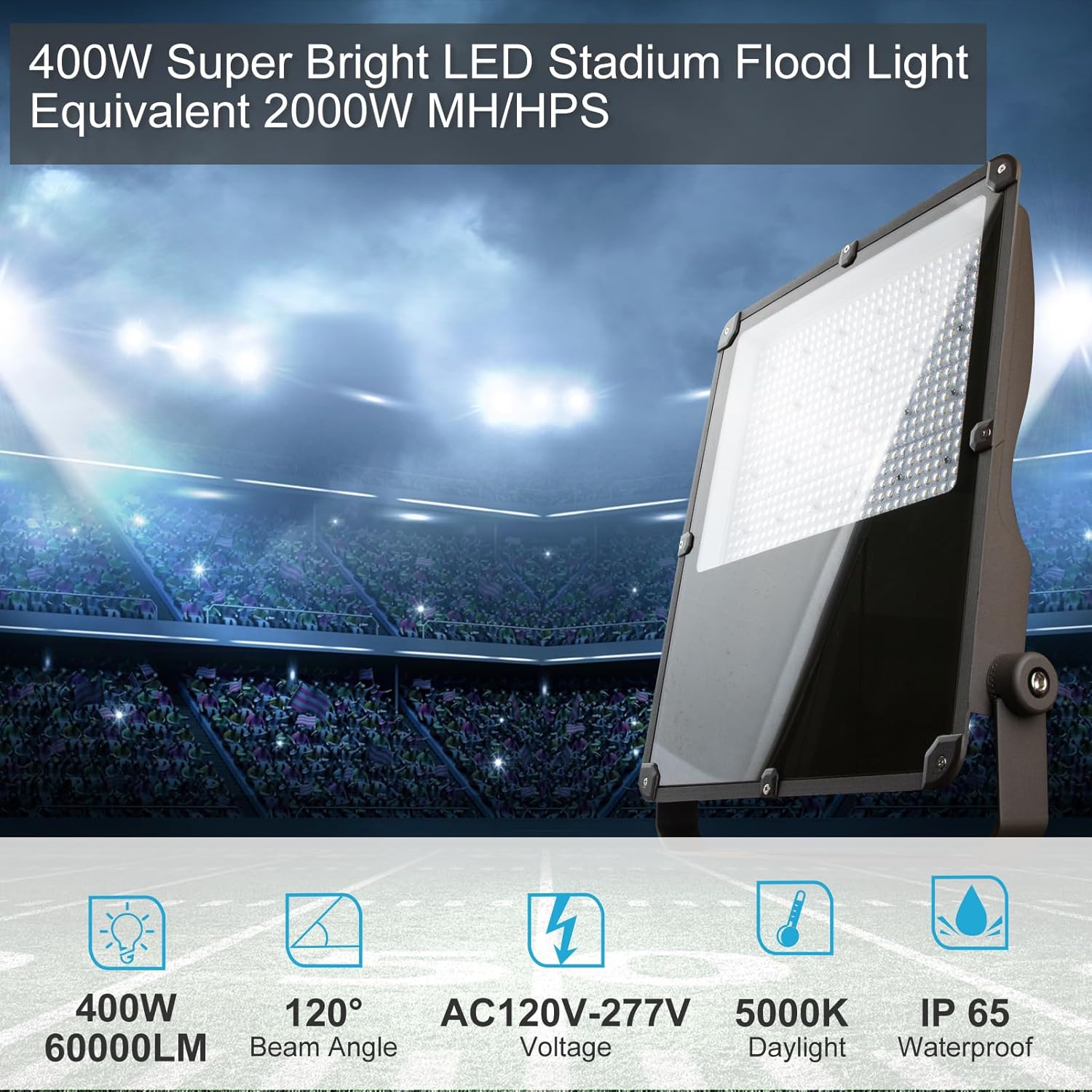 400W LED Flood Light Outdoor 60000Lm Led Stadium Light with Dusk to Dawn photocell, IP65 AC100-277V Commercial Area Lighting with Plug for