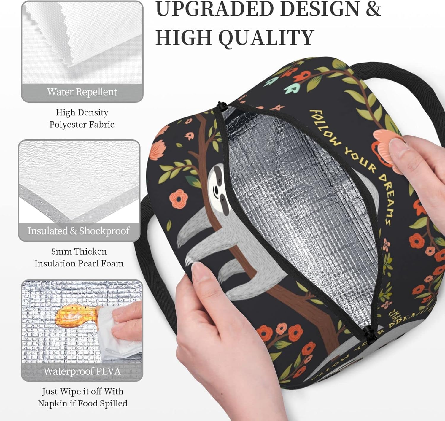 Duduho Bolsa de almuerzo con texto en inglés “Follow Your Dream”, bolsa grande con diseño de perezoso, reutilizable, para mujeres, hombres, escuela,