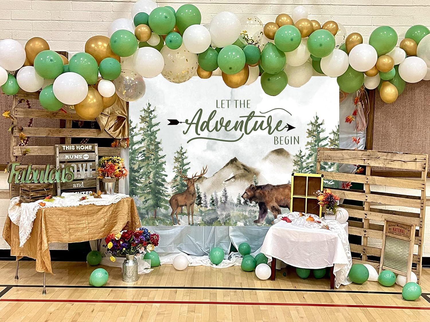 Adventure Awaits – Decoraciones para baby shower con texto en inglés “Let The Adventure Begin”, kit de arco de guirnalda de globos verde salvia para