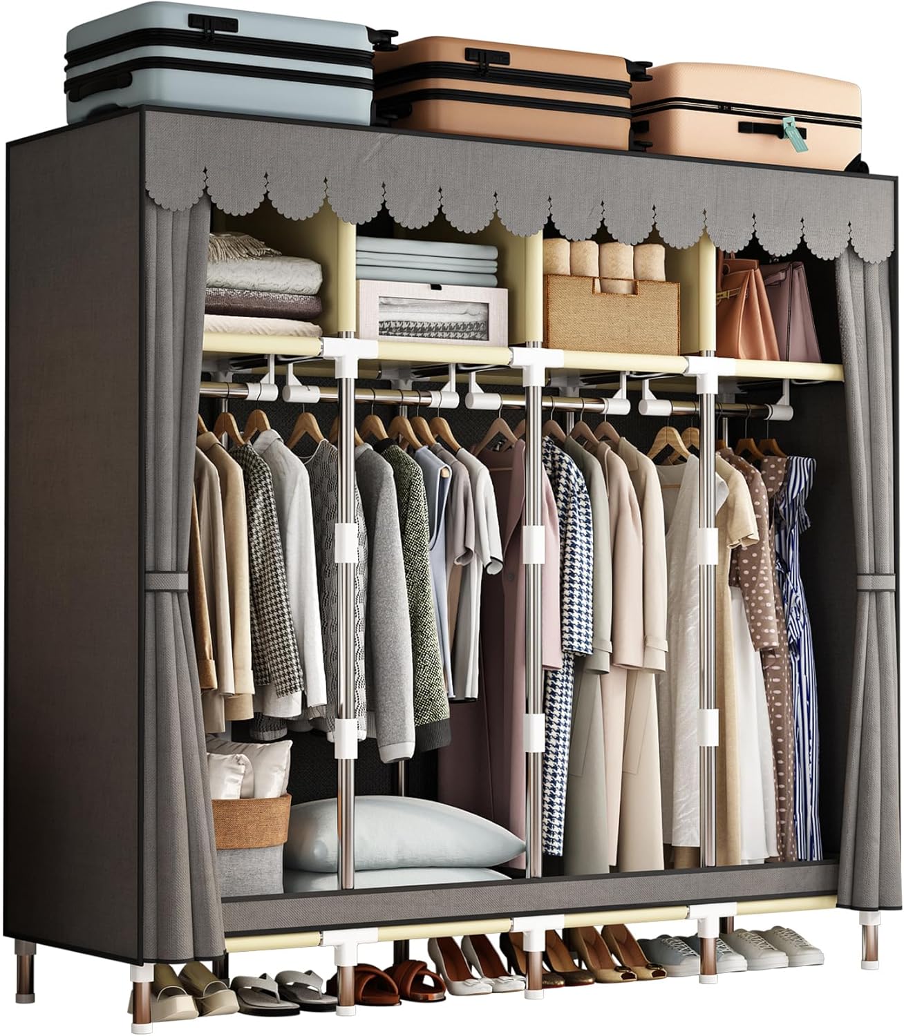 LEAIJIAFY Armario portátil grande para dormitorio, armario organizador de ropa, armario de Amories simple con cubierta de tela no tejida gris, tubo