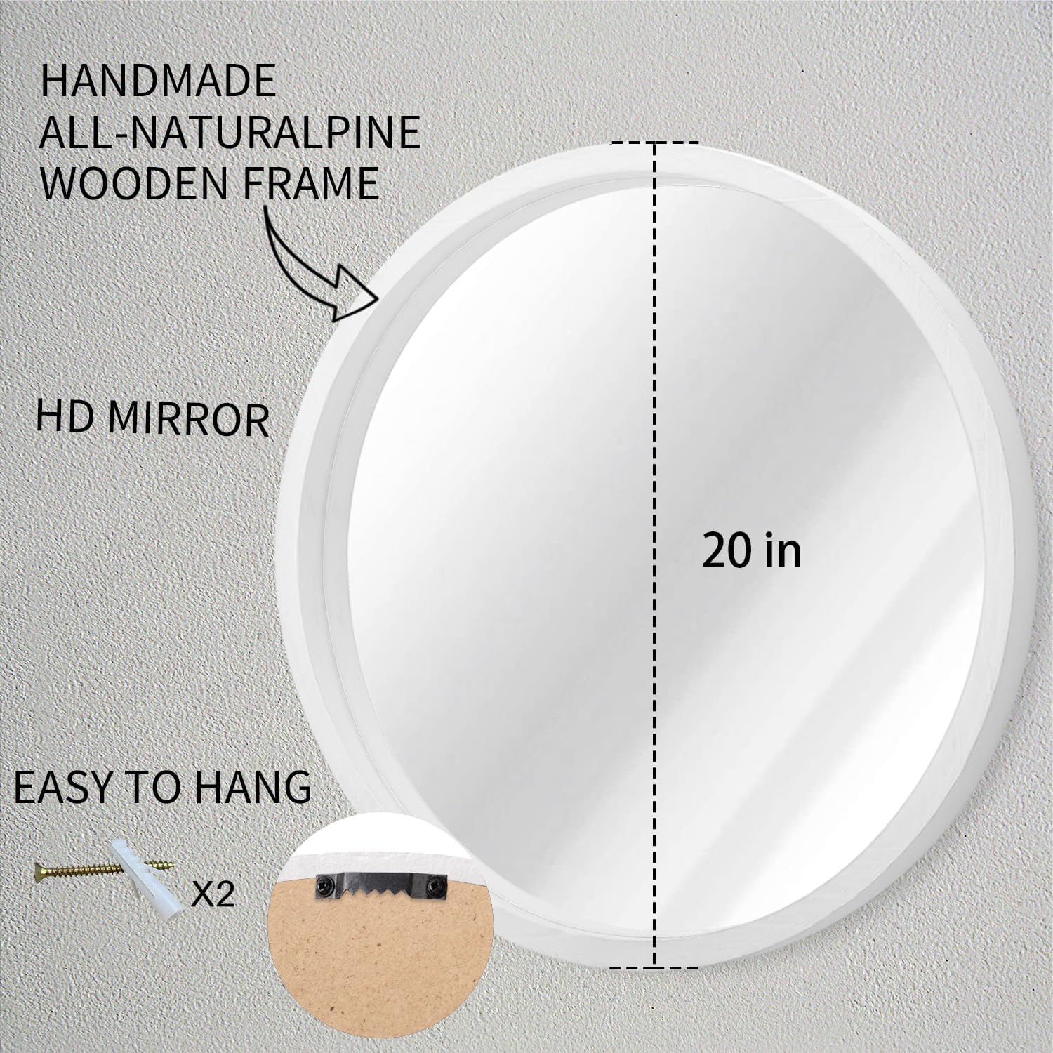 Espejo de pared circular de 20 pulgadas para decoración del hogar, espejo redondo blanco para baño, espejo de marco de madera montado en la pared