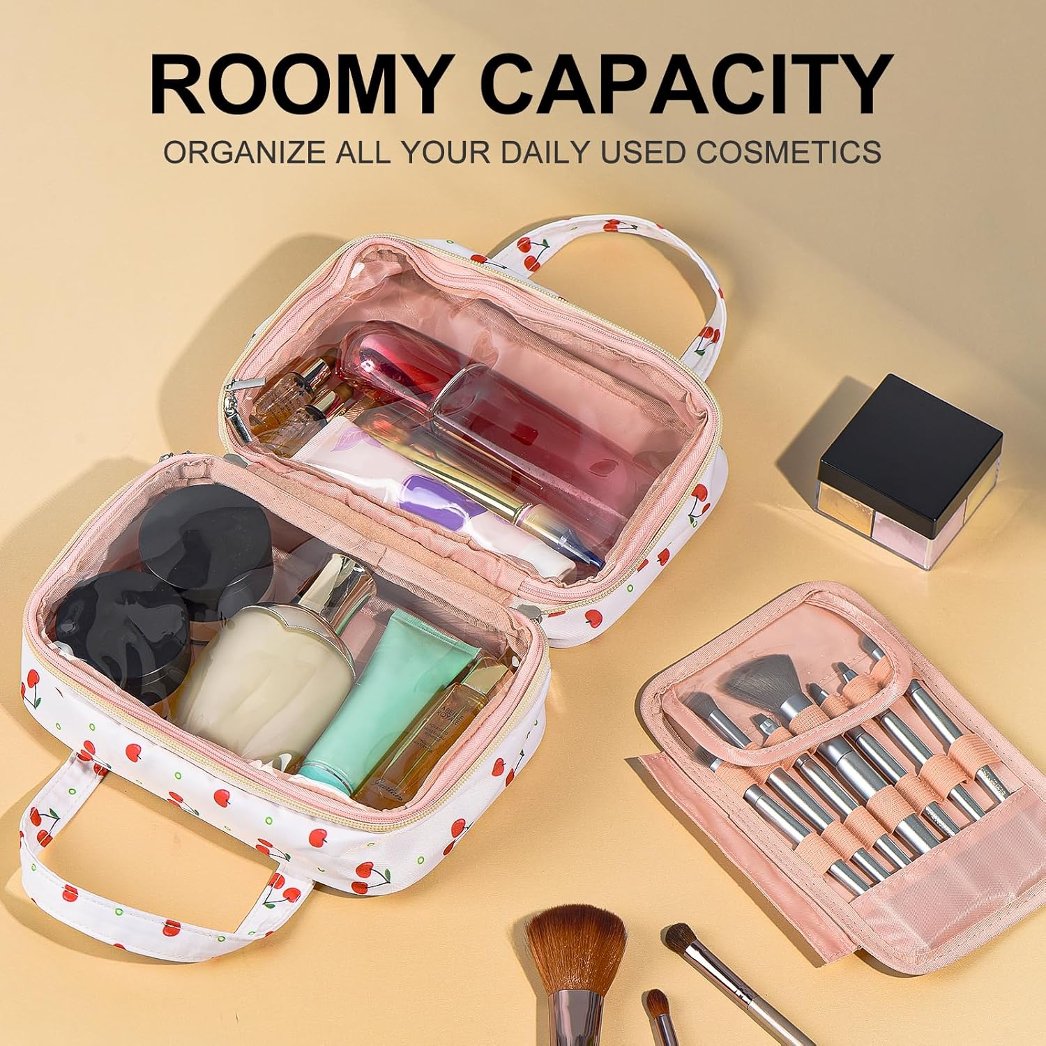 Bolsa de maquillaje, pequeñas bolsas de cosméticos de viaje portátiles para mujeres con organizador de brochas y asa, bolsa de maquillaje compacta