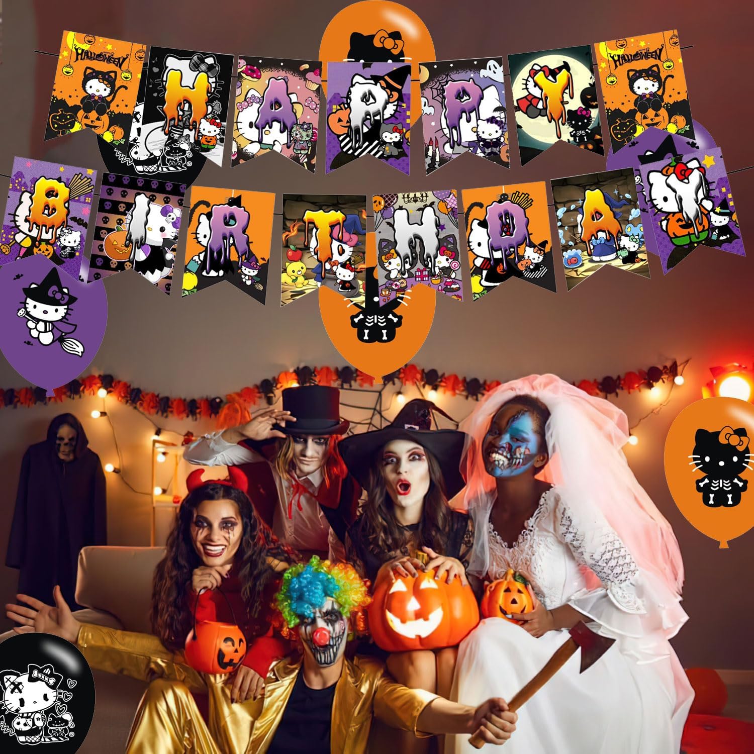 Decoración de fiesta de Halloween, suministros de cumpleaños para Skelebones de Halloween, incluye pancarta, decoración de tarta, 12 adornos para