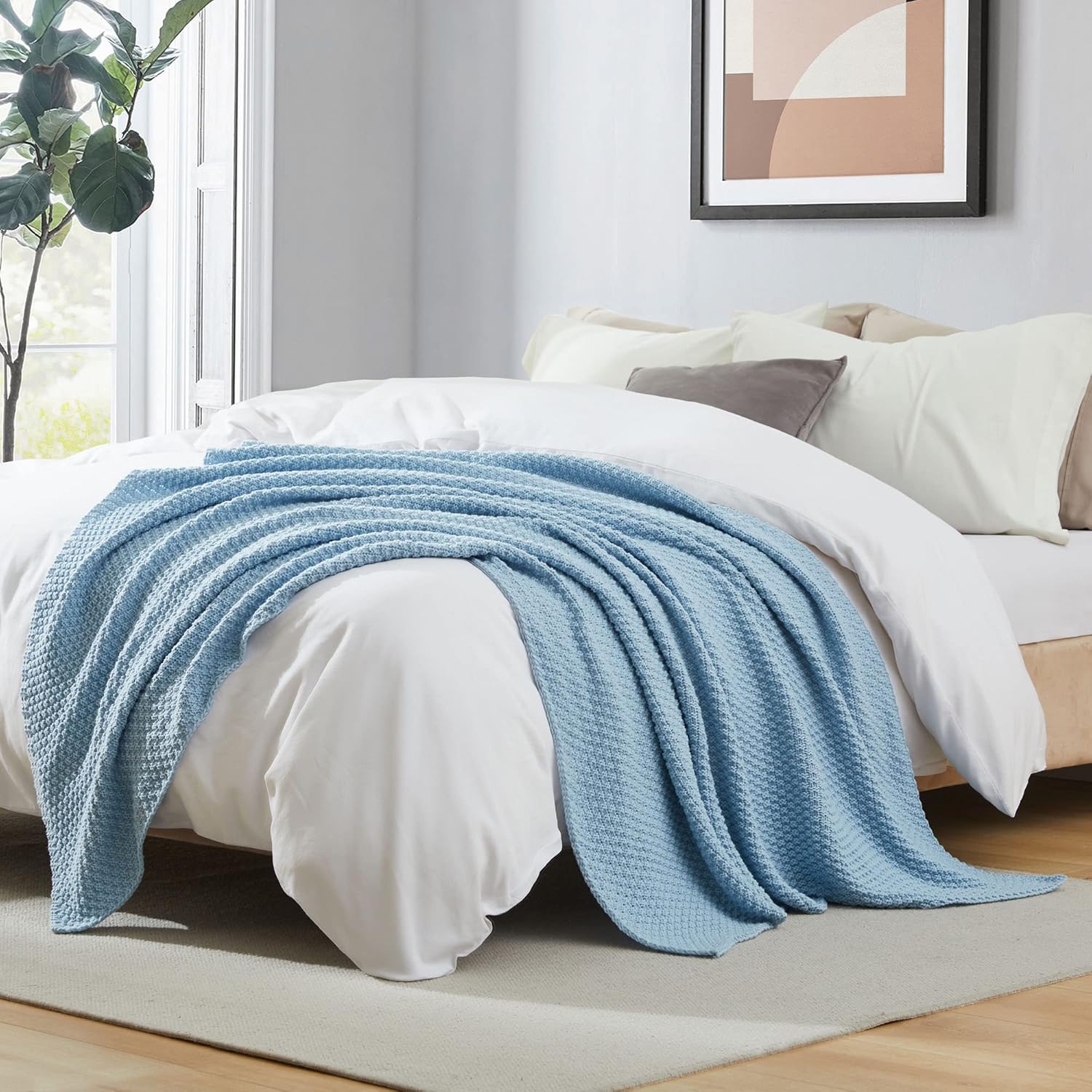 Dreamhood Manta de punto para sofá y sillón, mantas de color azul cielo para verano, mantas tejidas suaves y ligeras para todas las estaciones, 50 x