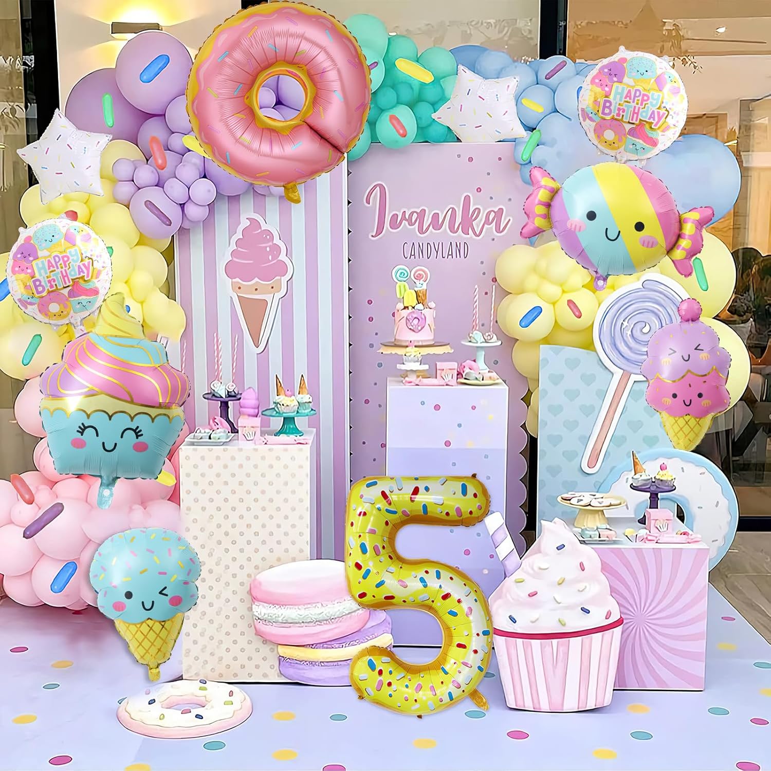 10 globos de helado, dona de helado, caramelo, número de cumpleaños, globo de papel de aluminio de mylar, tema de helado, suministros de fiesta de 5