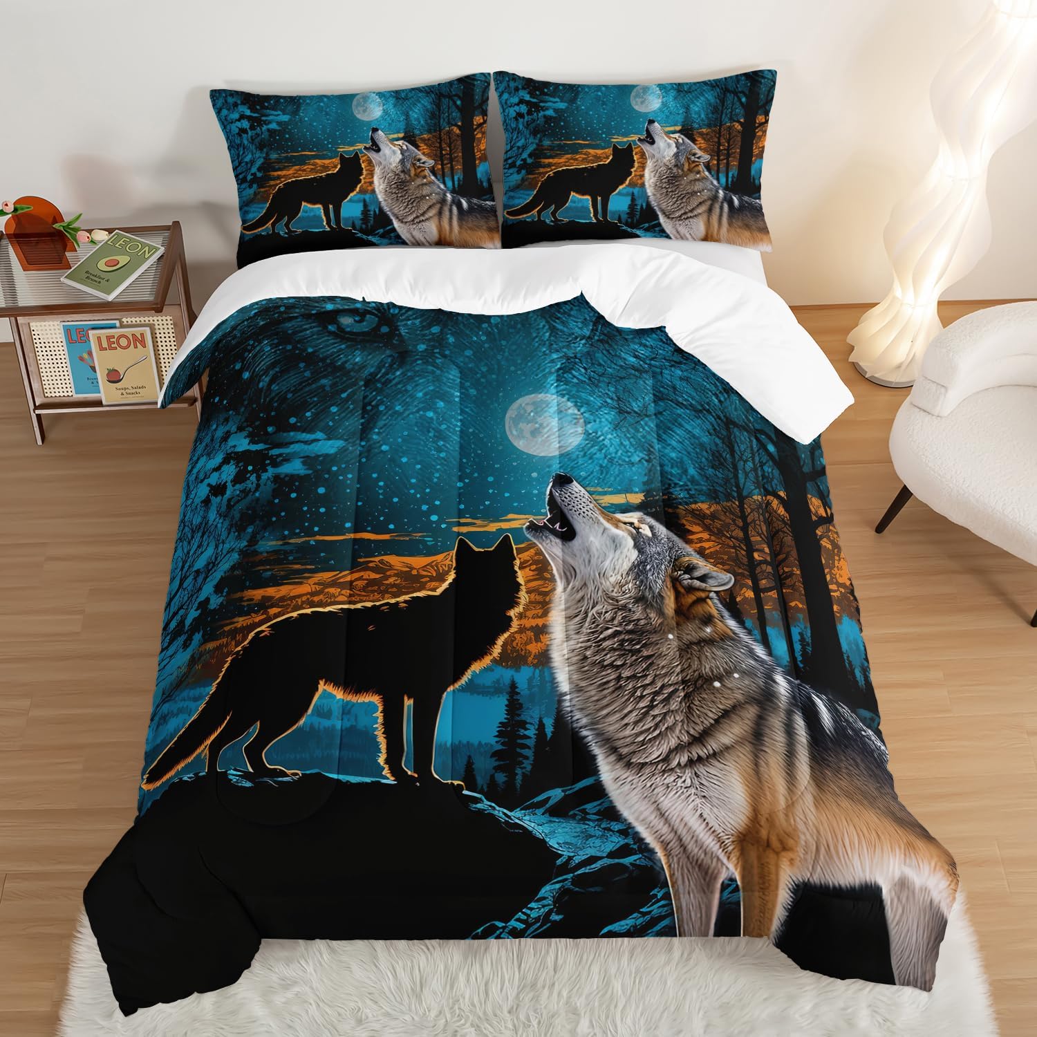 HOSIMA Edredón de lobo salvaje, ropa de cama con estampado de animales del bosque con 2 fundas de almohada, juego de ropa de cama de lobo, árbol y