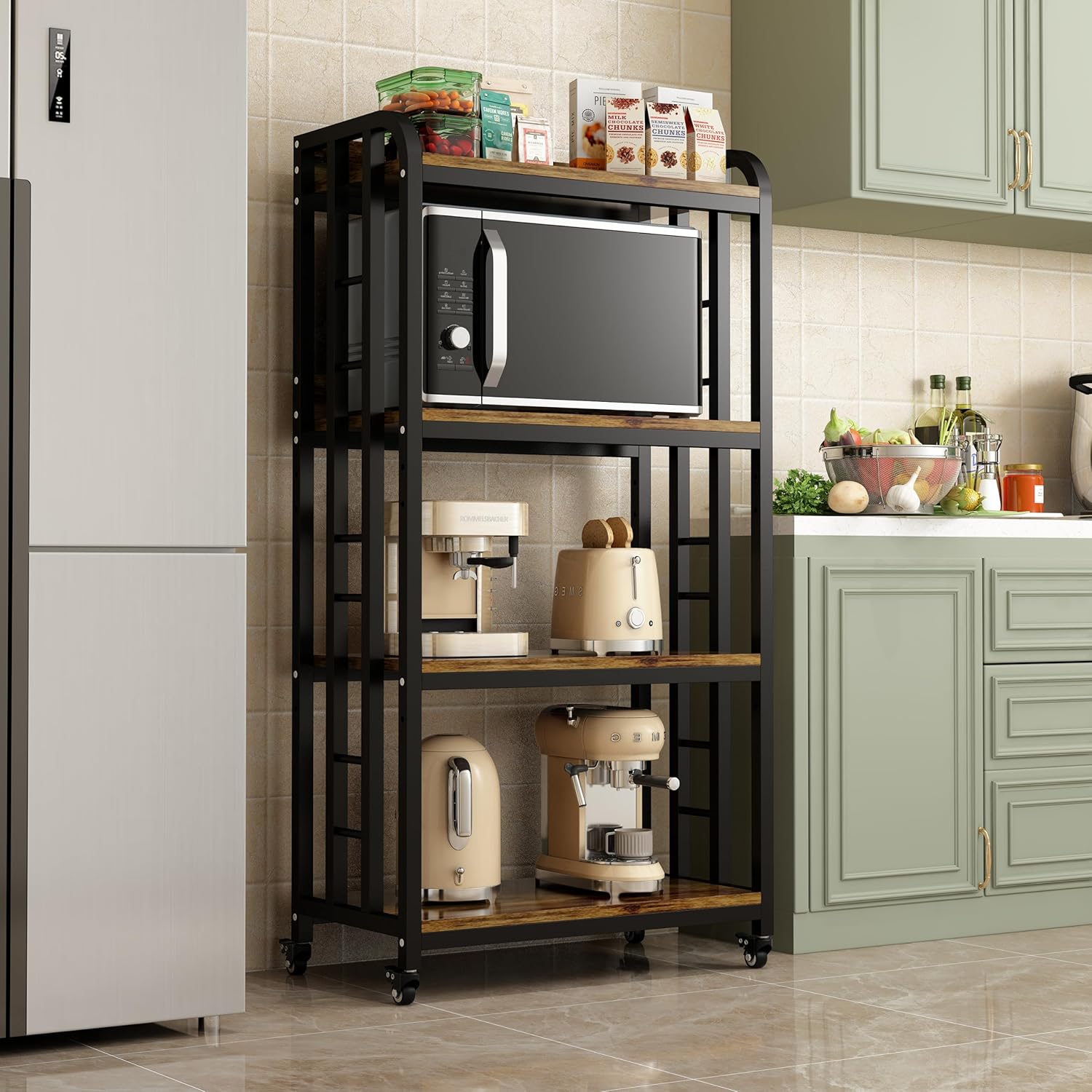 Estante de cocina de 4 niveles con ruedas giratorias, soporte para carrito de horno de microondas, unidad de almacenamiento ajustable, estante