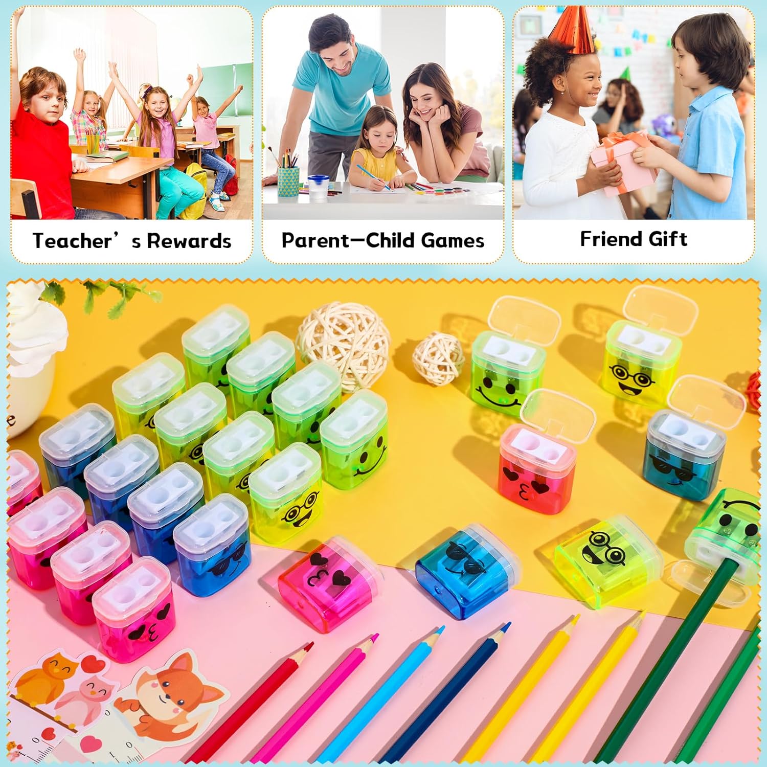 100 sacapuntas manuales de mano con doble agujero, con tapa, colorido sacapuntas Kawaii para niños, adultos, escuela, oficina, hogar, 4 estilos