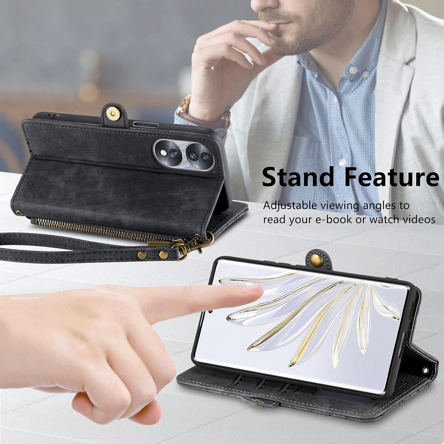 Asuwish Funda de teléfono para Honor 70 5G con protector de pantalla de vidrio templado y correa para la muñeca de cuero con cremallera abatible,