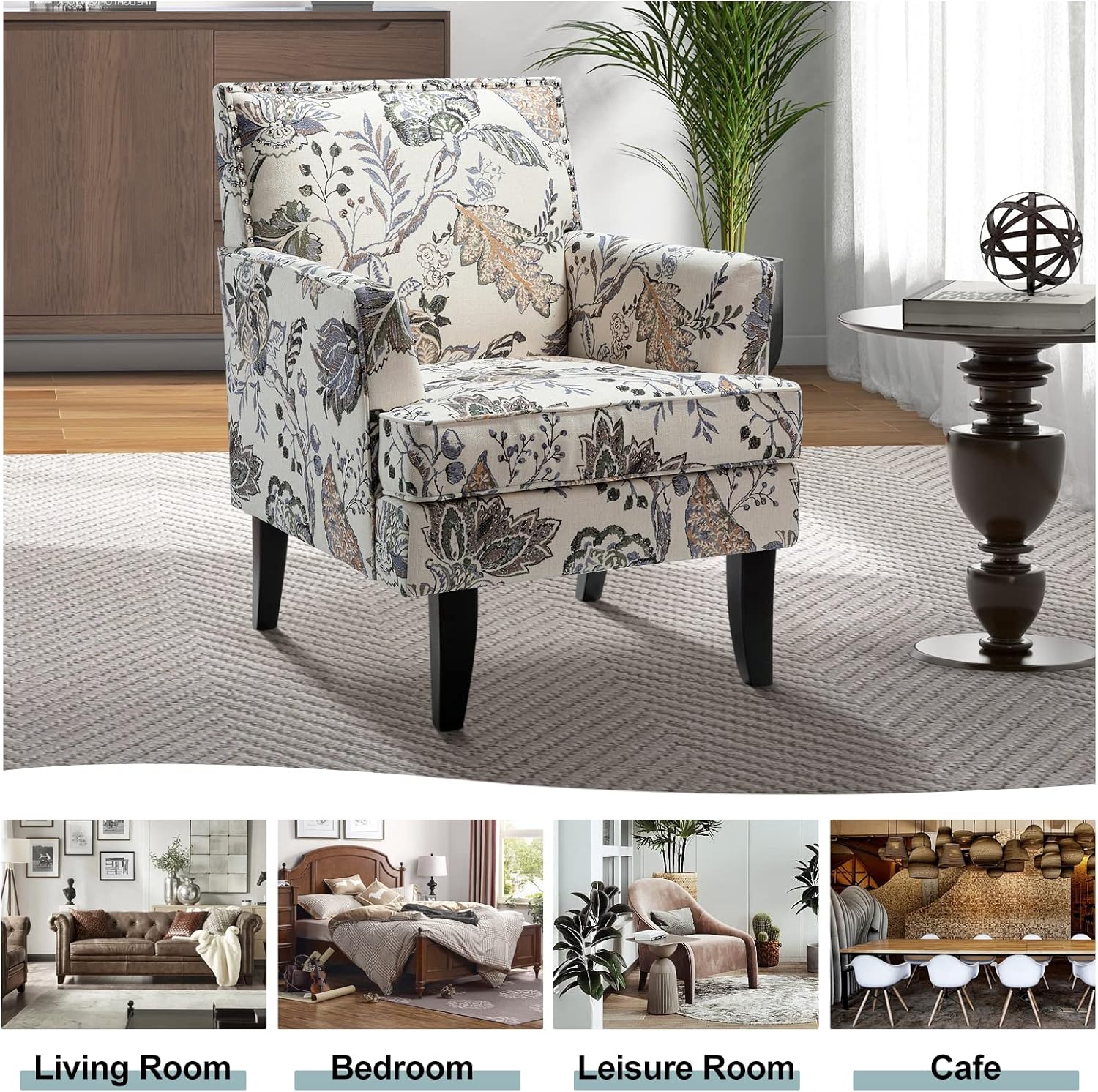 HULALA HOME Silla decorativa moderna con brazos y patas de madera, silla decorativa con estampado floral, respaldo alto, reposabrazos acolchado y