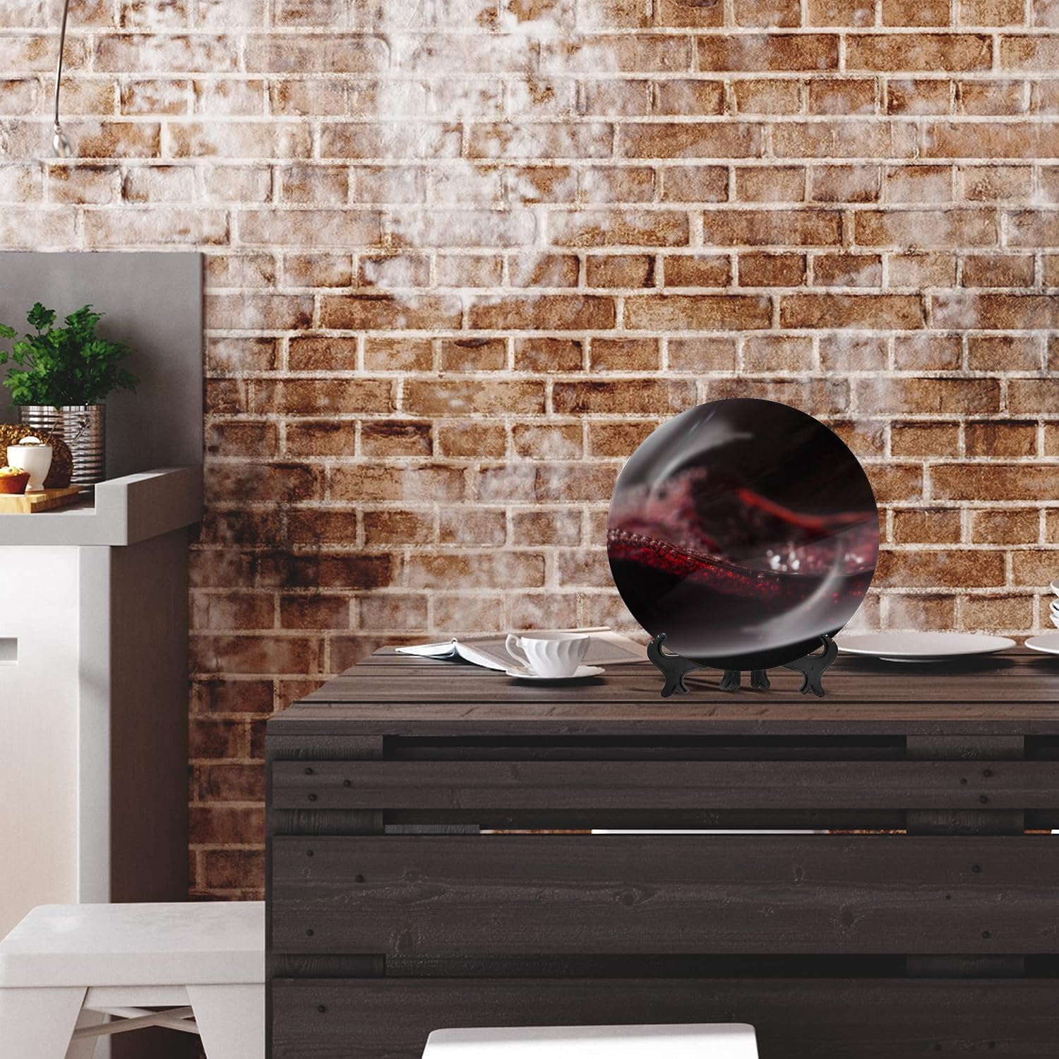 Plato de cerámica para colgar en la pared, decoración de primer plano, cristal de cristal, burbujas de vino tinto, pintura negra, placa decorativa